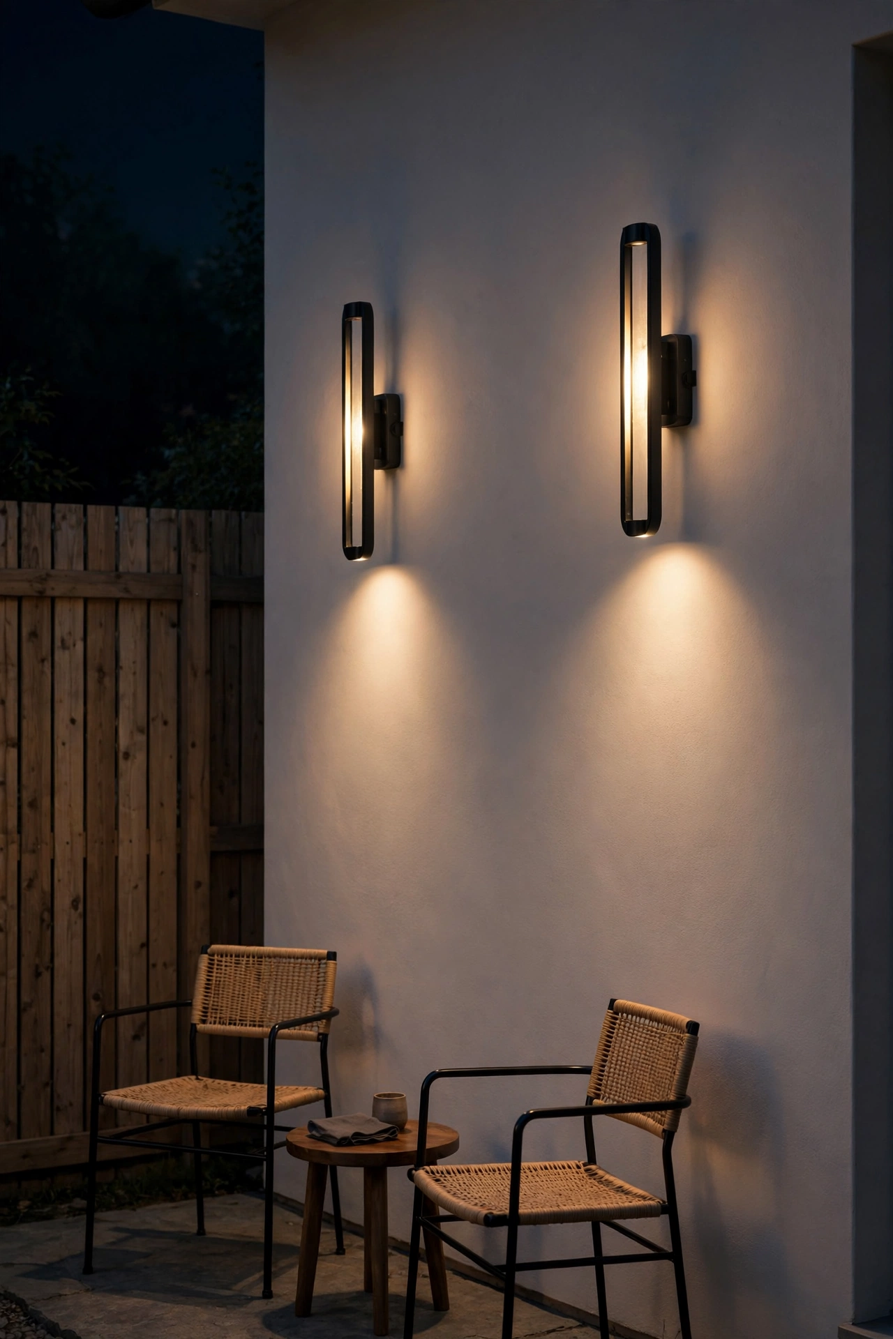 Slim wall-mounted lanterns glowing warmly on a house wall beside a small patio at night