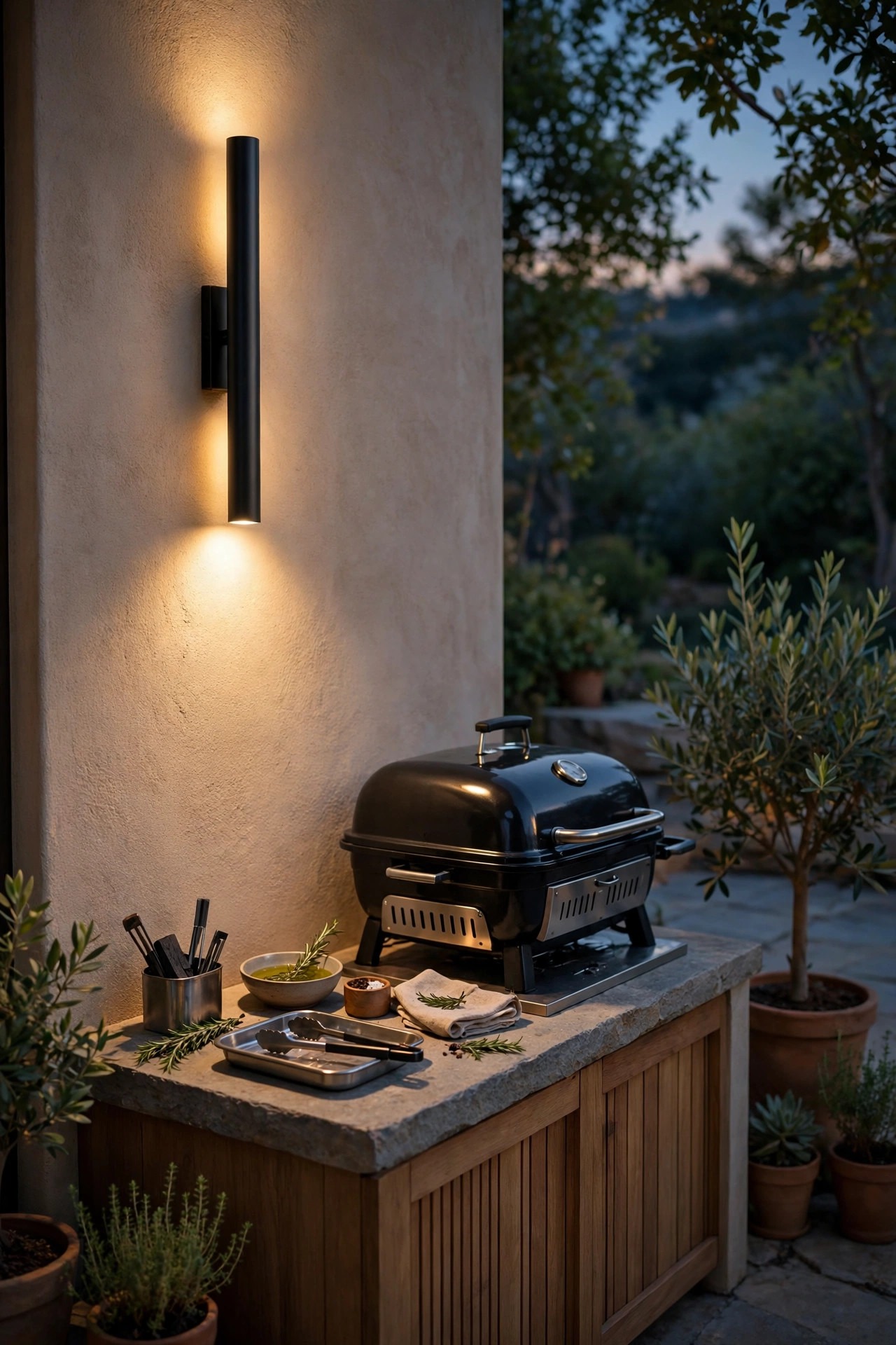 Slim outdoor wall sconce casting warm downward light beside a compact grill station