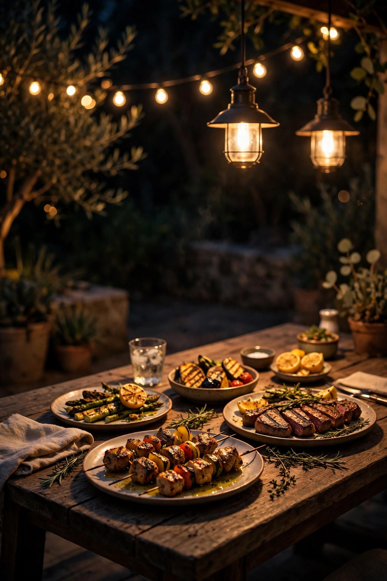 Outdoor dining table under warm dim string lights and pendants at night, plates of grilled food glowing in soft golden light