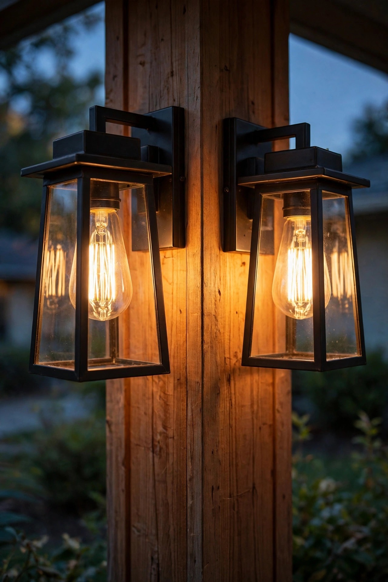 Close up of warm LED filament bulbs glowing inside mid-century modern porch fixtures at dusk, consistent golden 2700K light