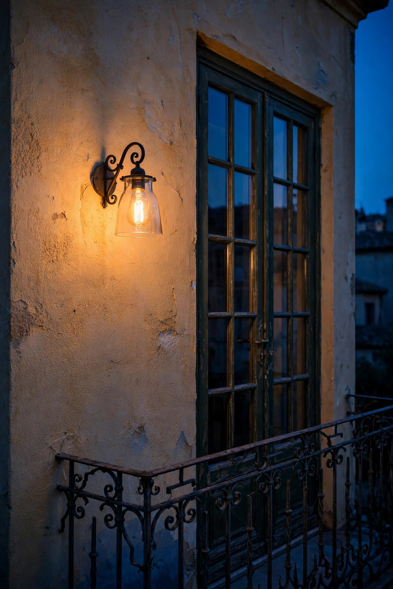 Wall sconce with a warm filament LED bulb glowing softly beside French doors on a small balcony at dusk