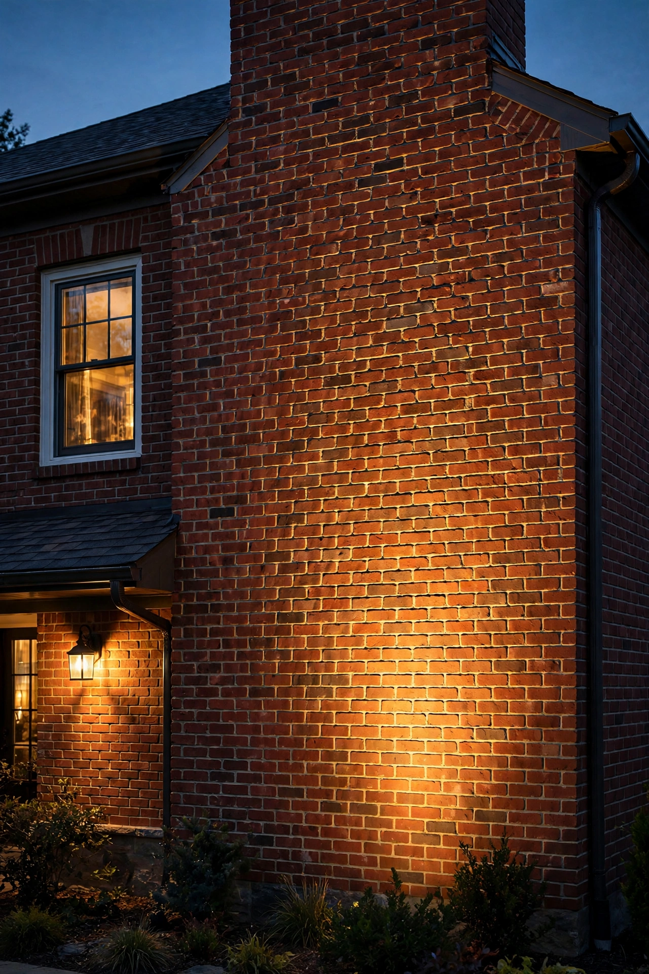 Warm 2700K outdoor light color temperature wall washing glowing across a red brick home exterior at dusk