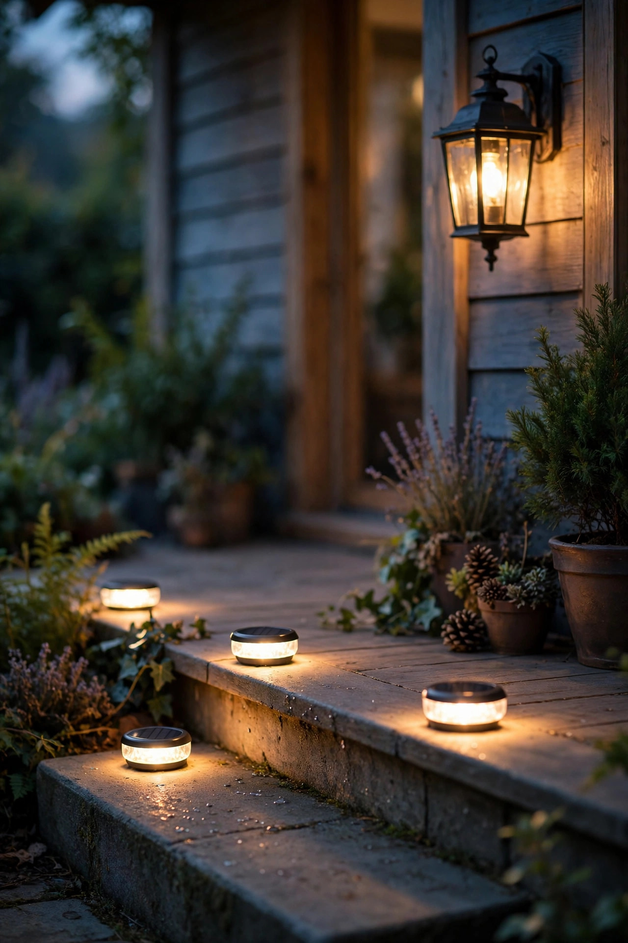 Warm white solar disk lights glowing beside a porch step, matching the warm porch lantern