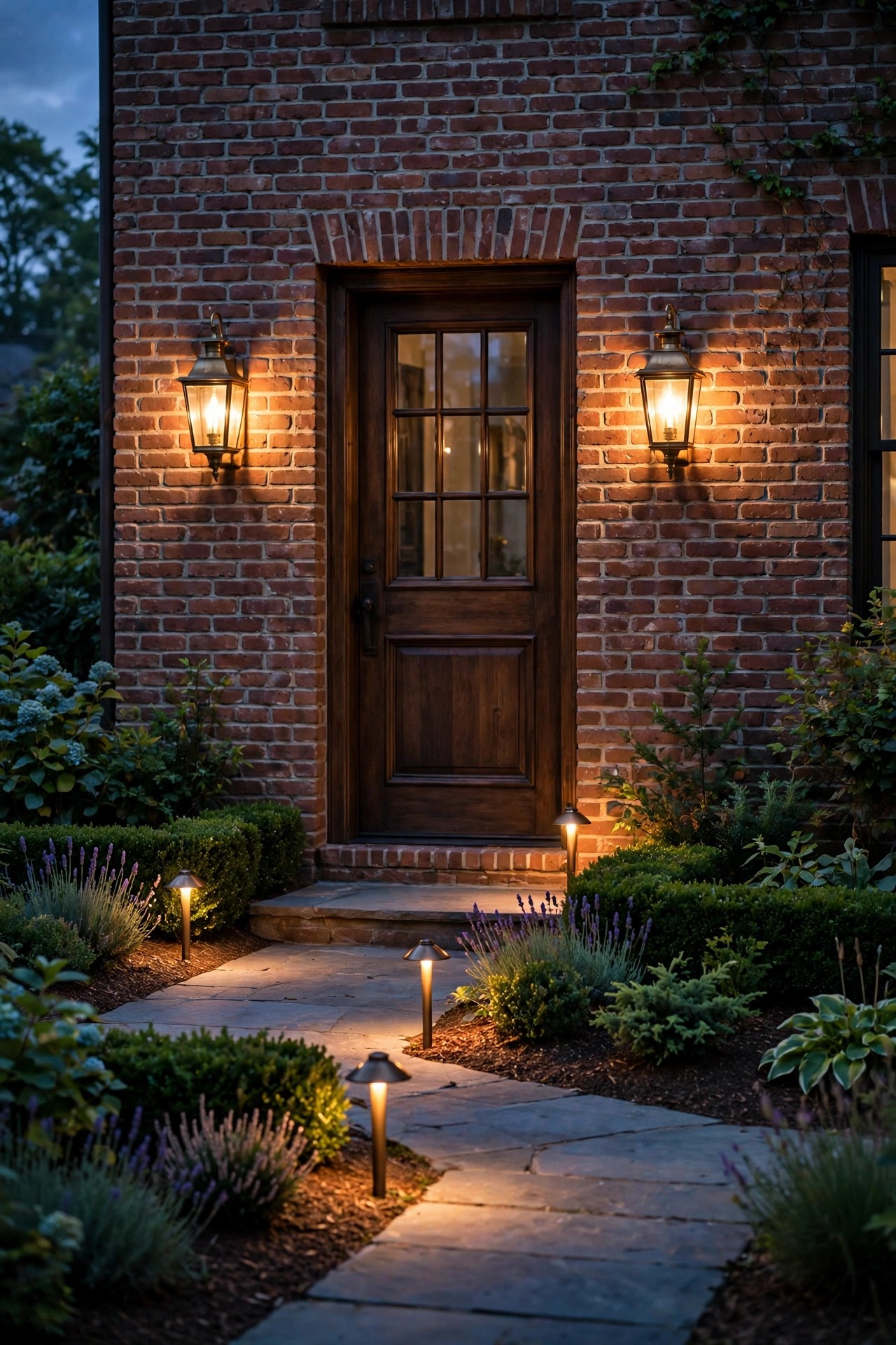 Photorealistic dusk view of a timeless brick home entry with premium brass lantern sconces and matching path lights, manicured beds, warm steady glow suggesting years of reliable service