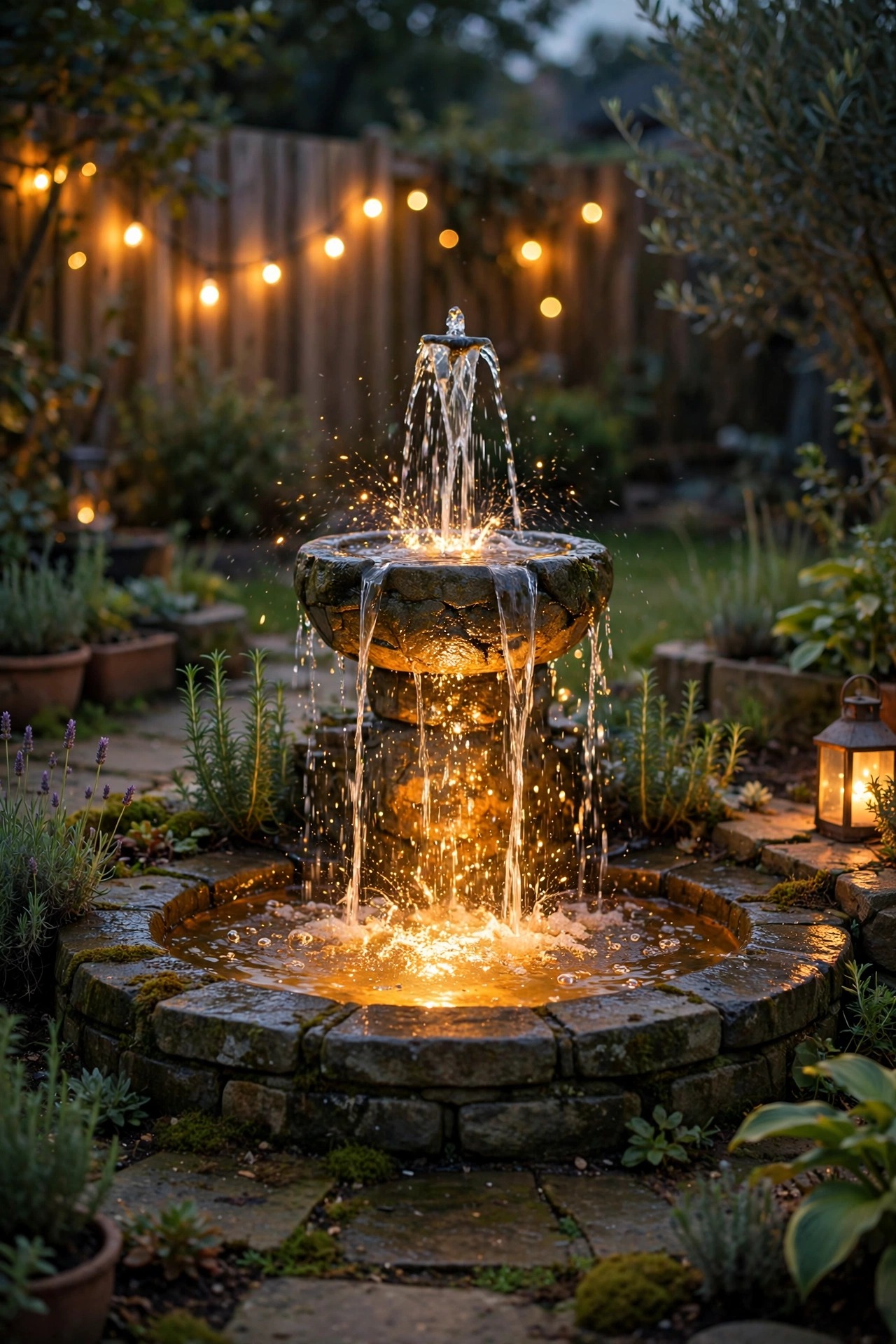 A small garden fountain glowing as the focal point of a backyard at dusk, underwater light making the falling water sparkle above a softly lit stone basin