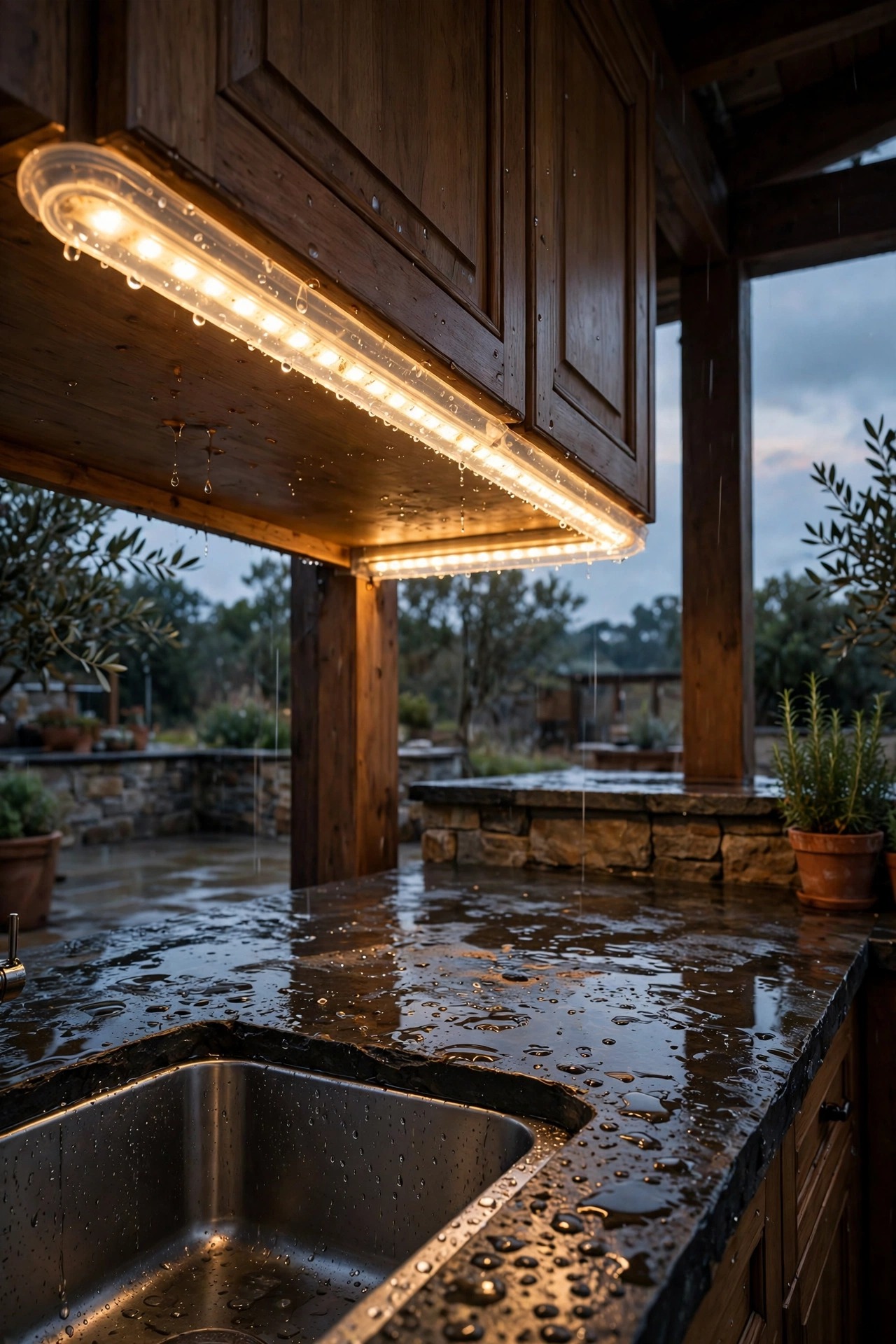 Waterproof silicone sealed LED strip glowing under cabinets in an open air outdoor kitchen after rain