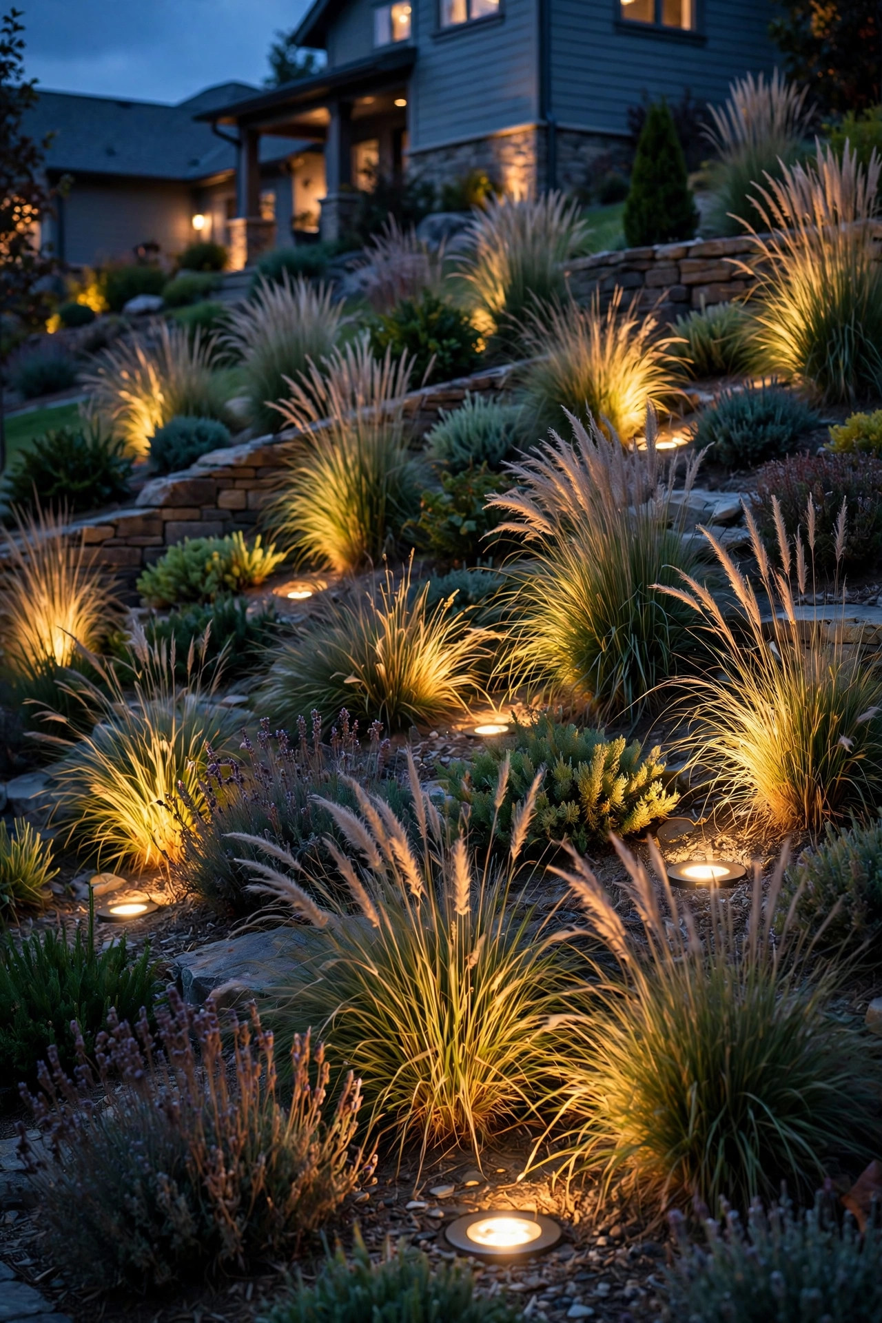 In-ground well lights grazing warm light up across hillside plantings and ornamental grasses