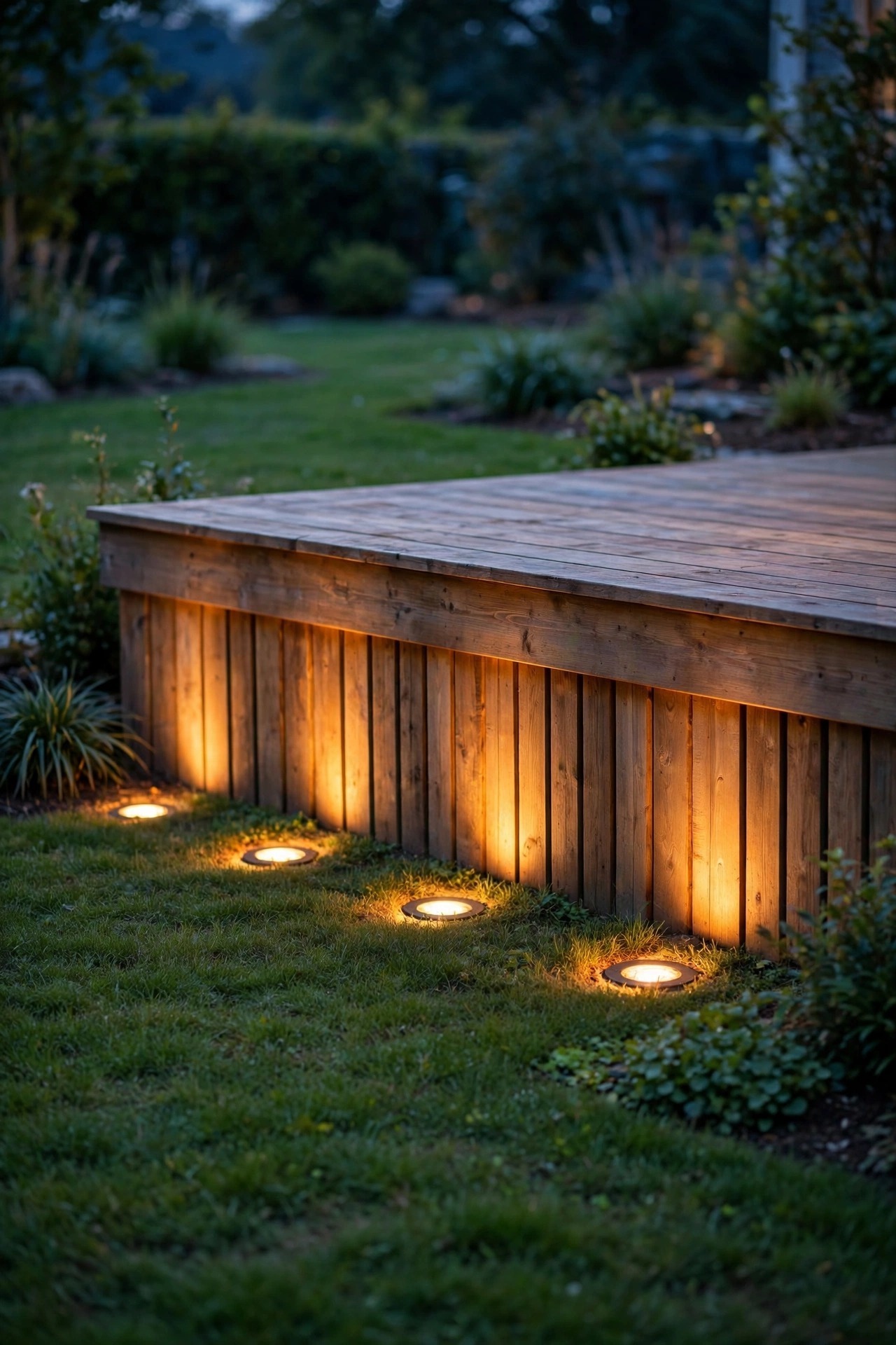 In-ground well lights in the lawn washing the skirt of a low wooden deck with warm uplight