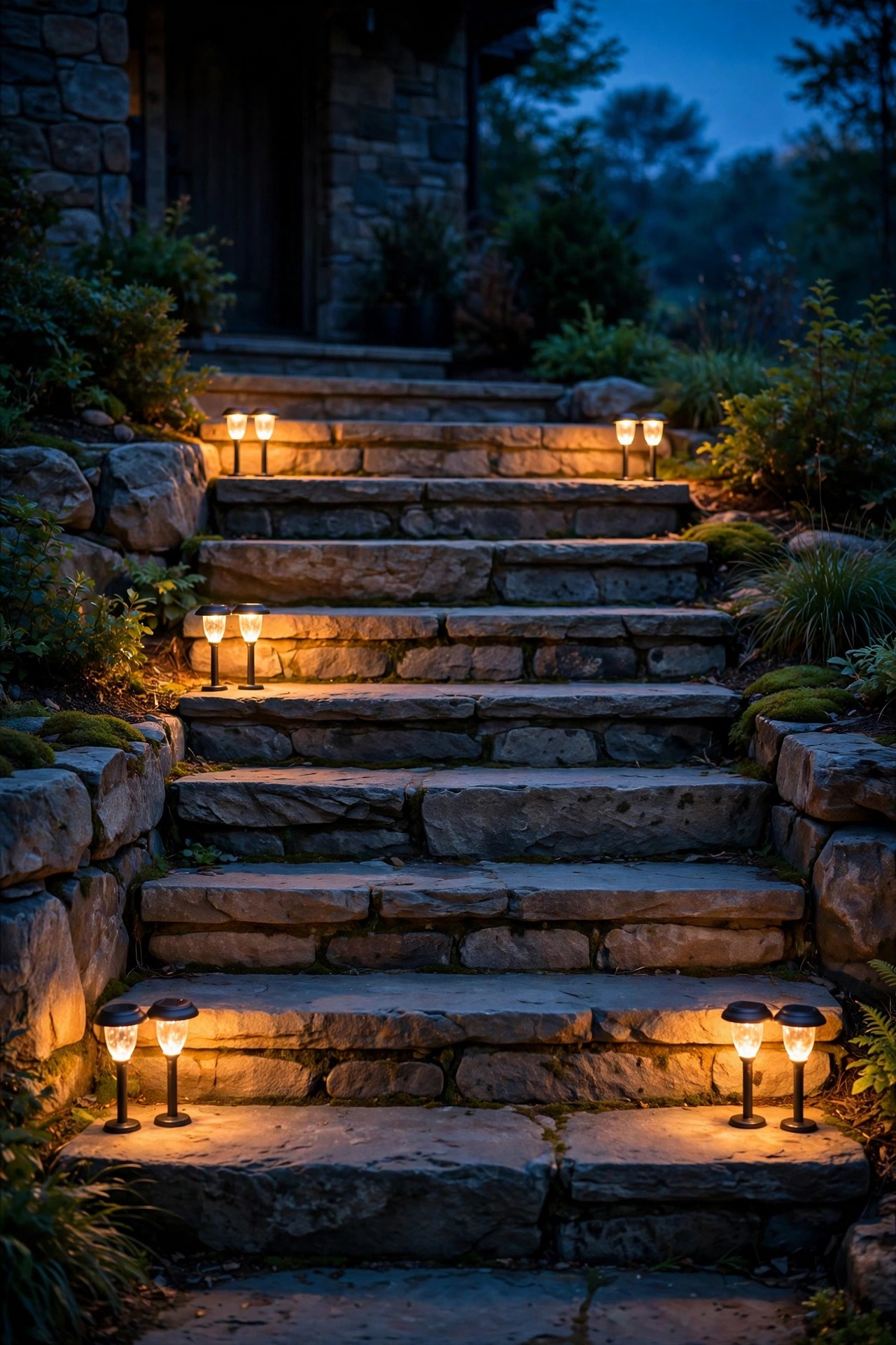 Pairs of small solar lights near each end of wide stone entry steps, washing the full tread width at dusk