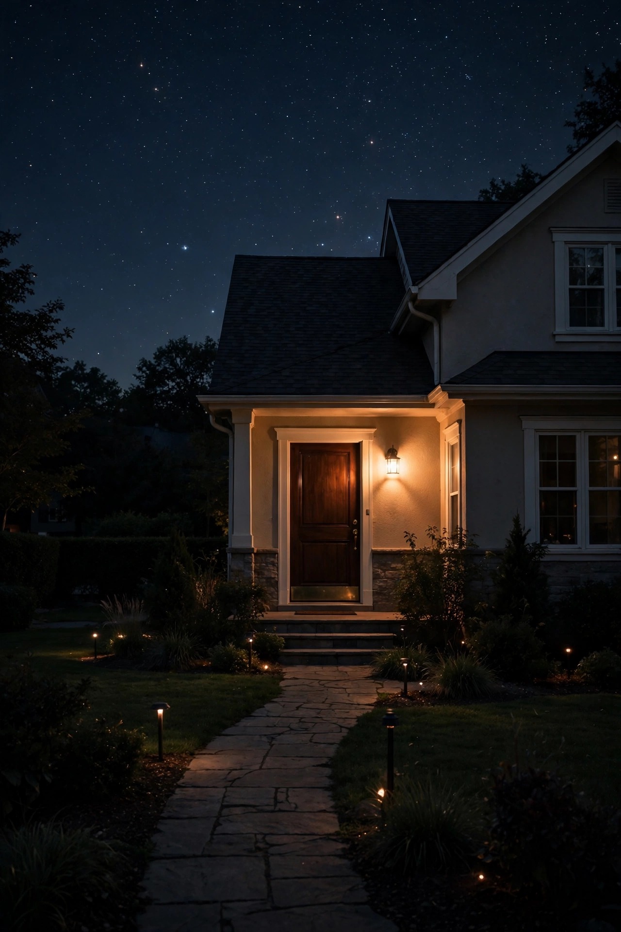 Quiet front yard late at night with path lights dimmed low and a single soft porch light glowing