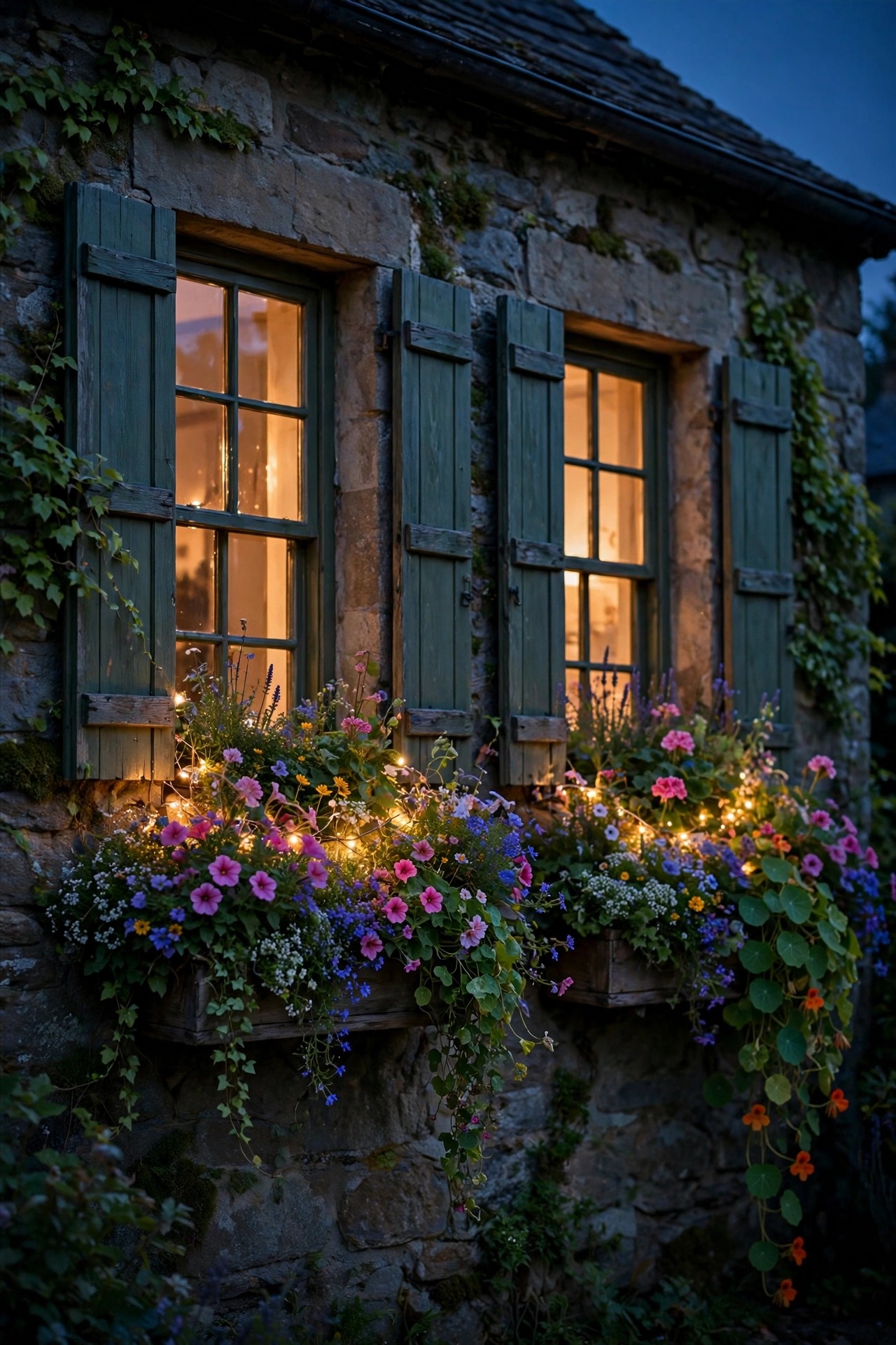 Cottage window boxes overflowing with flowers and soft fairy light glow beneath front windows at dusk