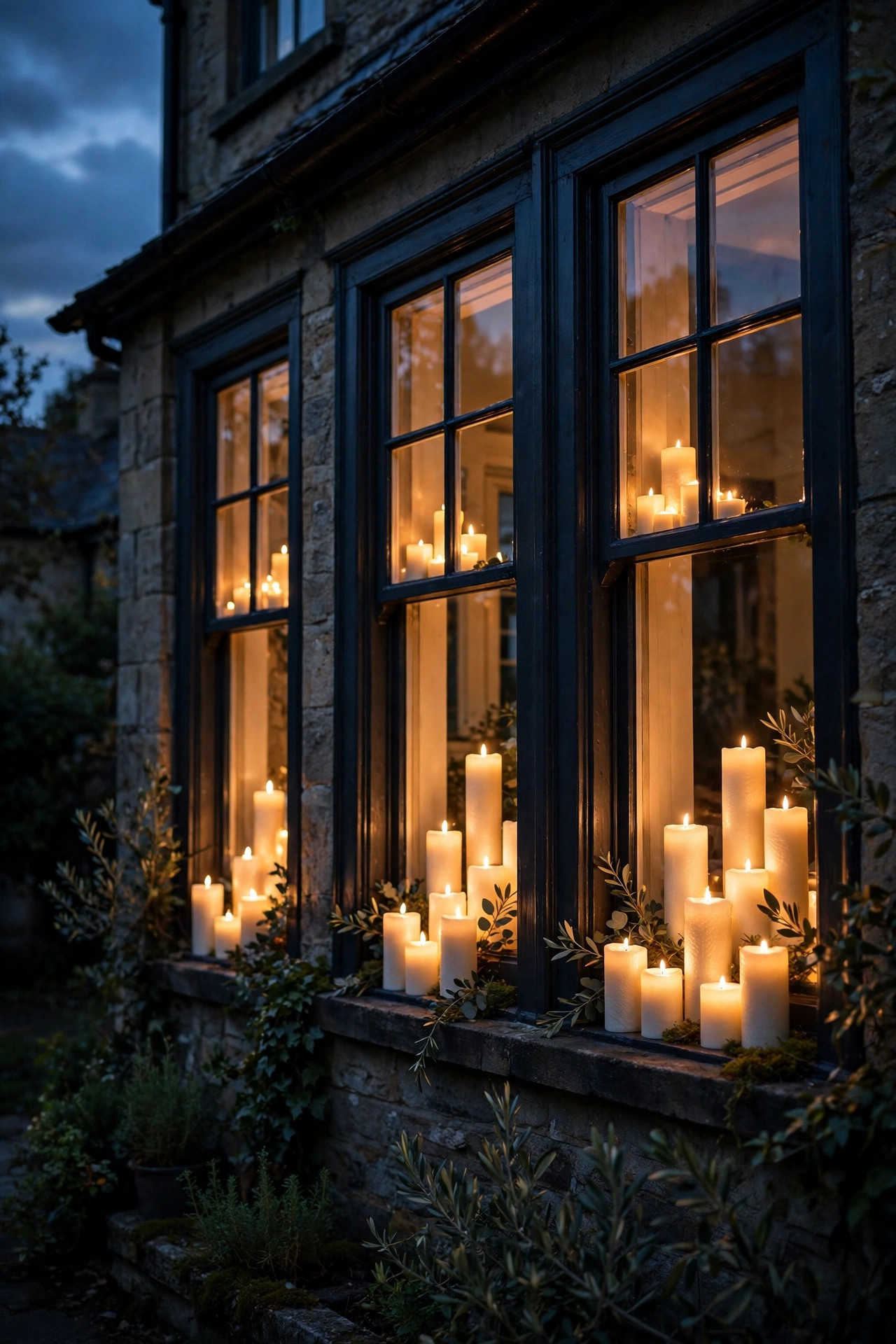 Front windows glowing with clusters of flameless flickering candles at staggered heights at dusk