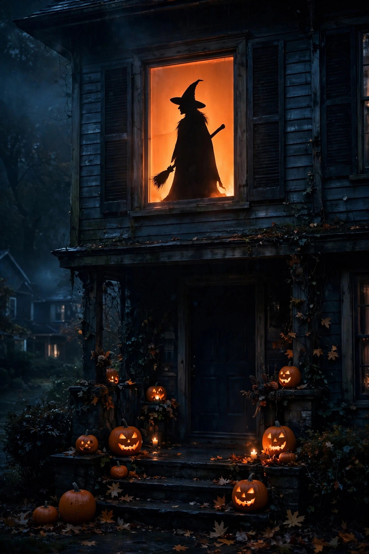 Black witch silhouette glowing orange in a house window at Halloween night