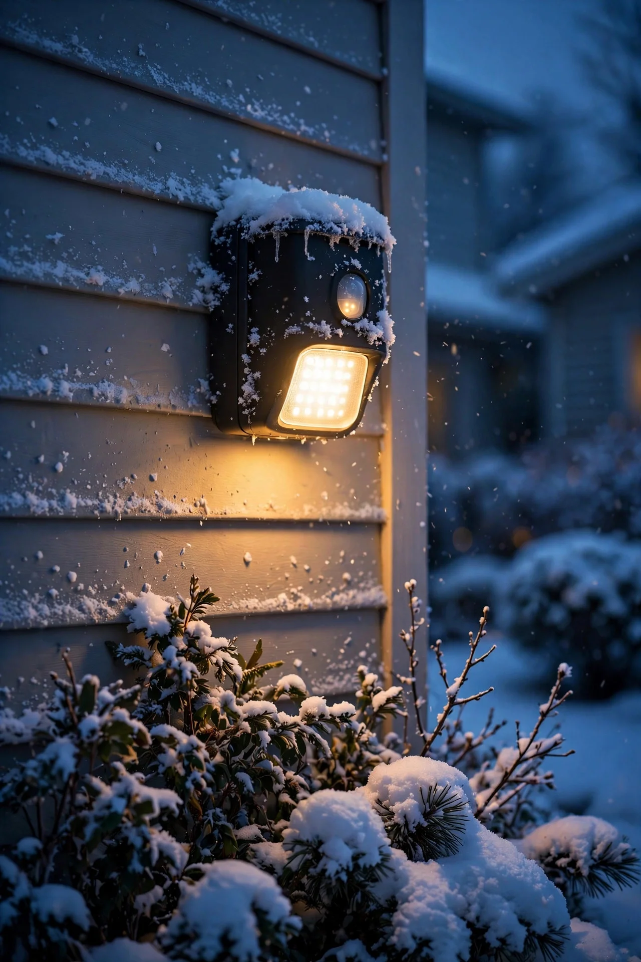 Snow-dusted motion sensor outdoor light on a suburban home wall in winter twilight, warm glow against blue snow, cozy scene