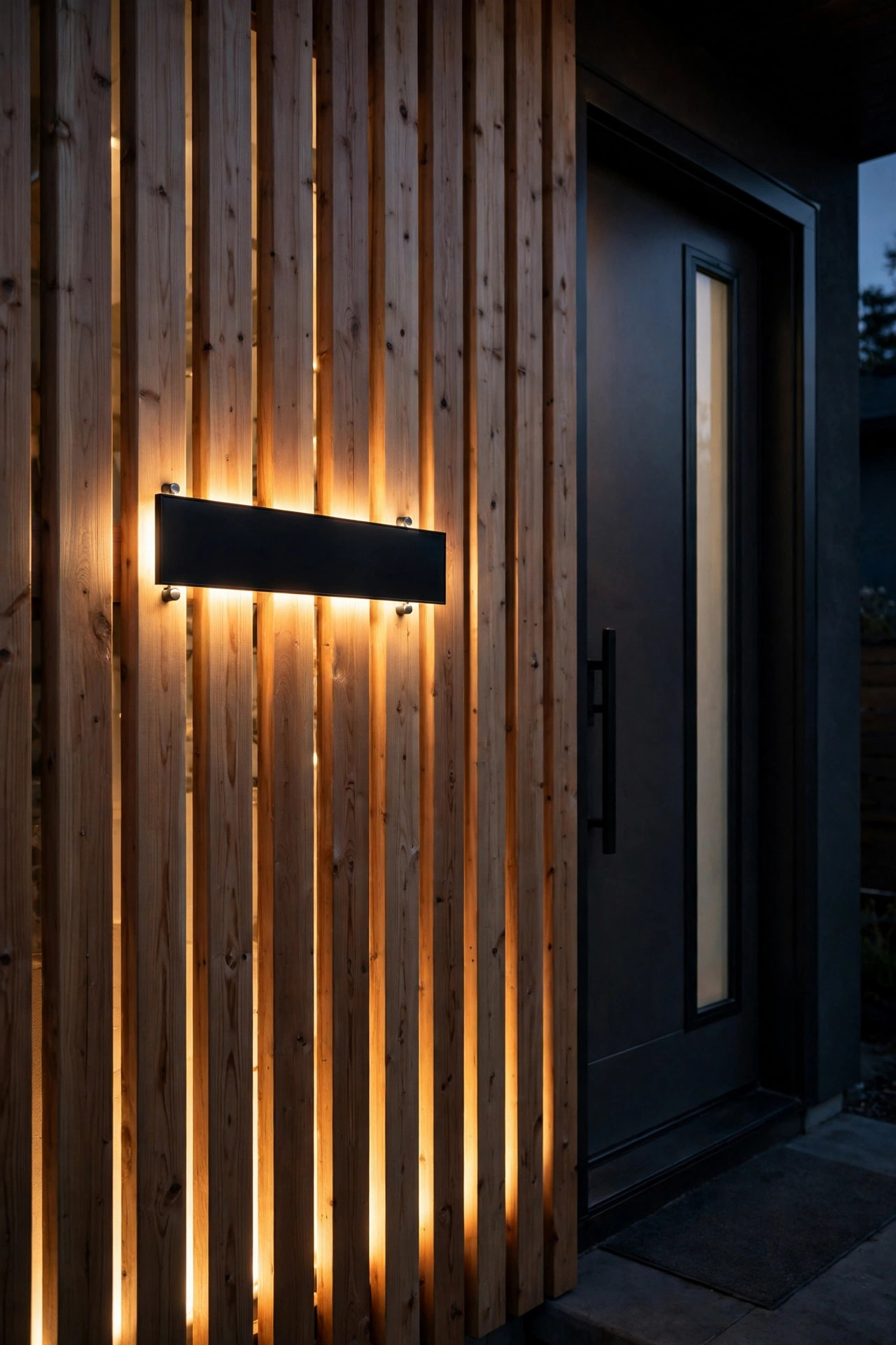 Backlit address plaque floating over a vertical wood slat wall beside a modern front door
