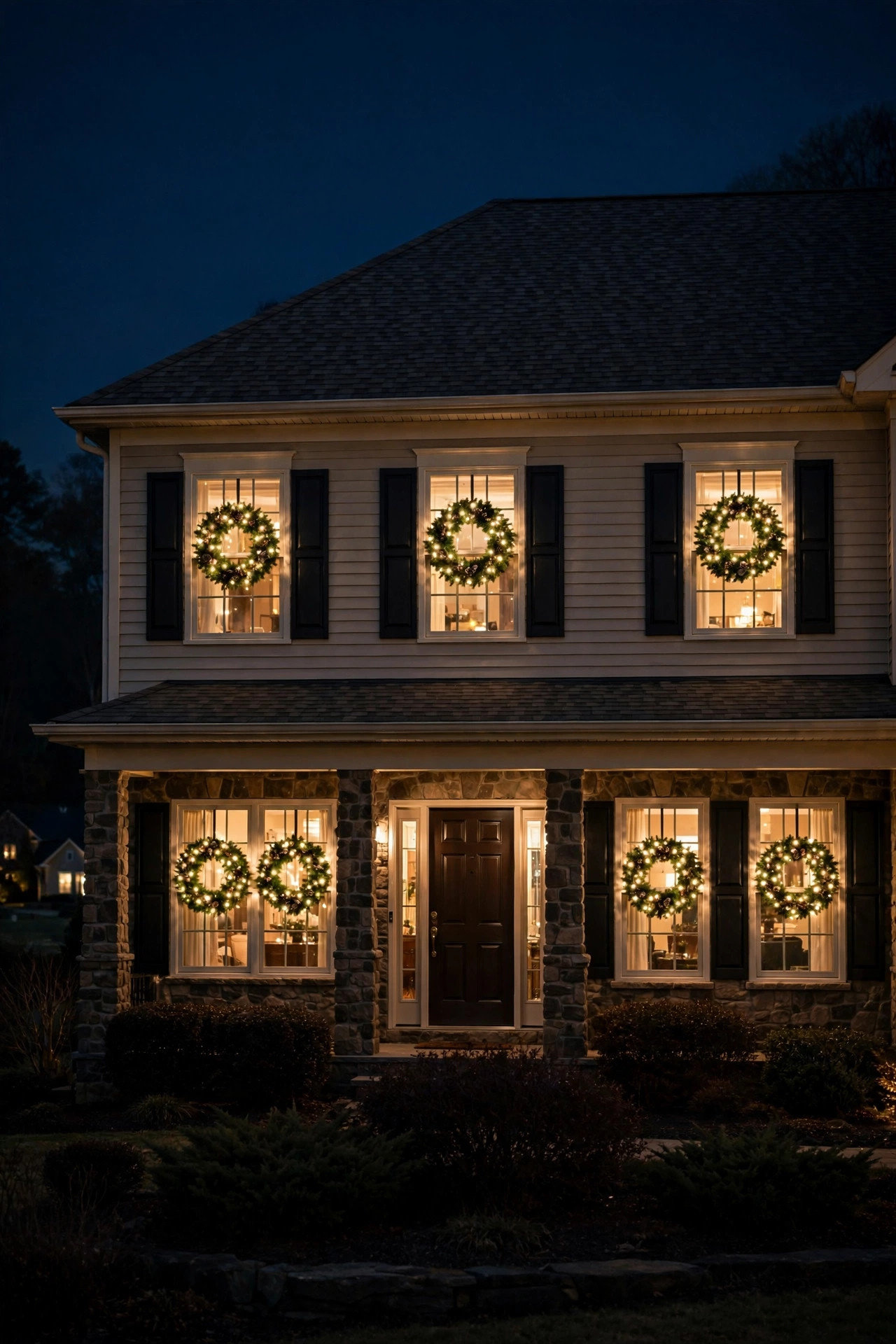 Pre-lit wreaths glowing on every front window of a two-story house at night