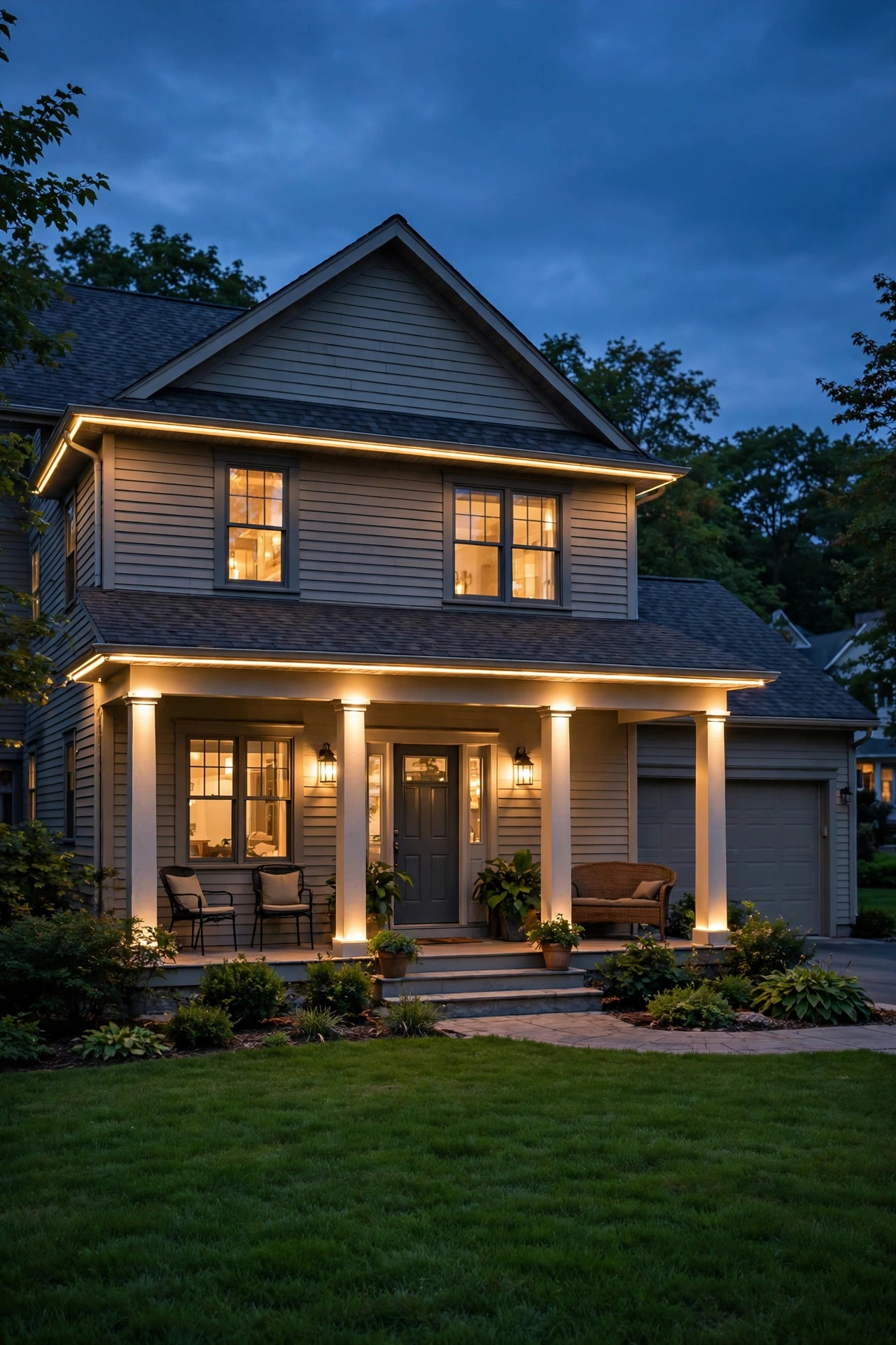 American home at dusk in summer with soft warm white permanent accent lighting glowing along the porch columns and eaves, no holiday decor
