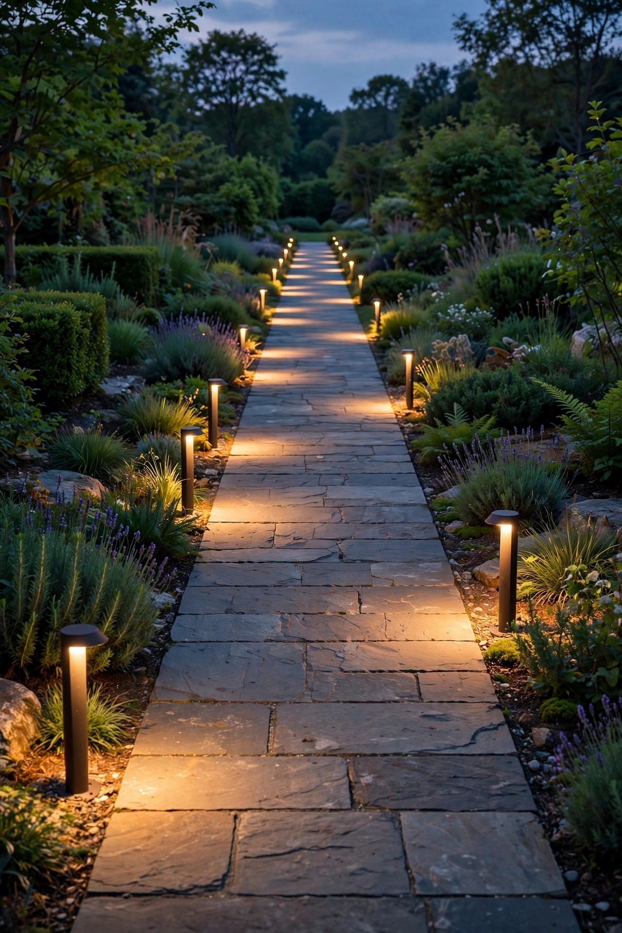 Straight front walkway at dusk with path lights alternating left and right in a staggered pattern, creating a gentle weaving ribbon of warm light