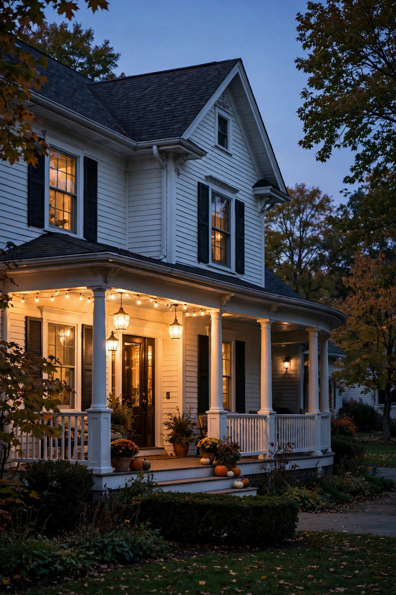 Front span of a wraparound porch glowing brightly while the side porch rests in softer dimmed light