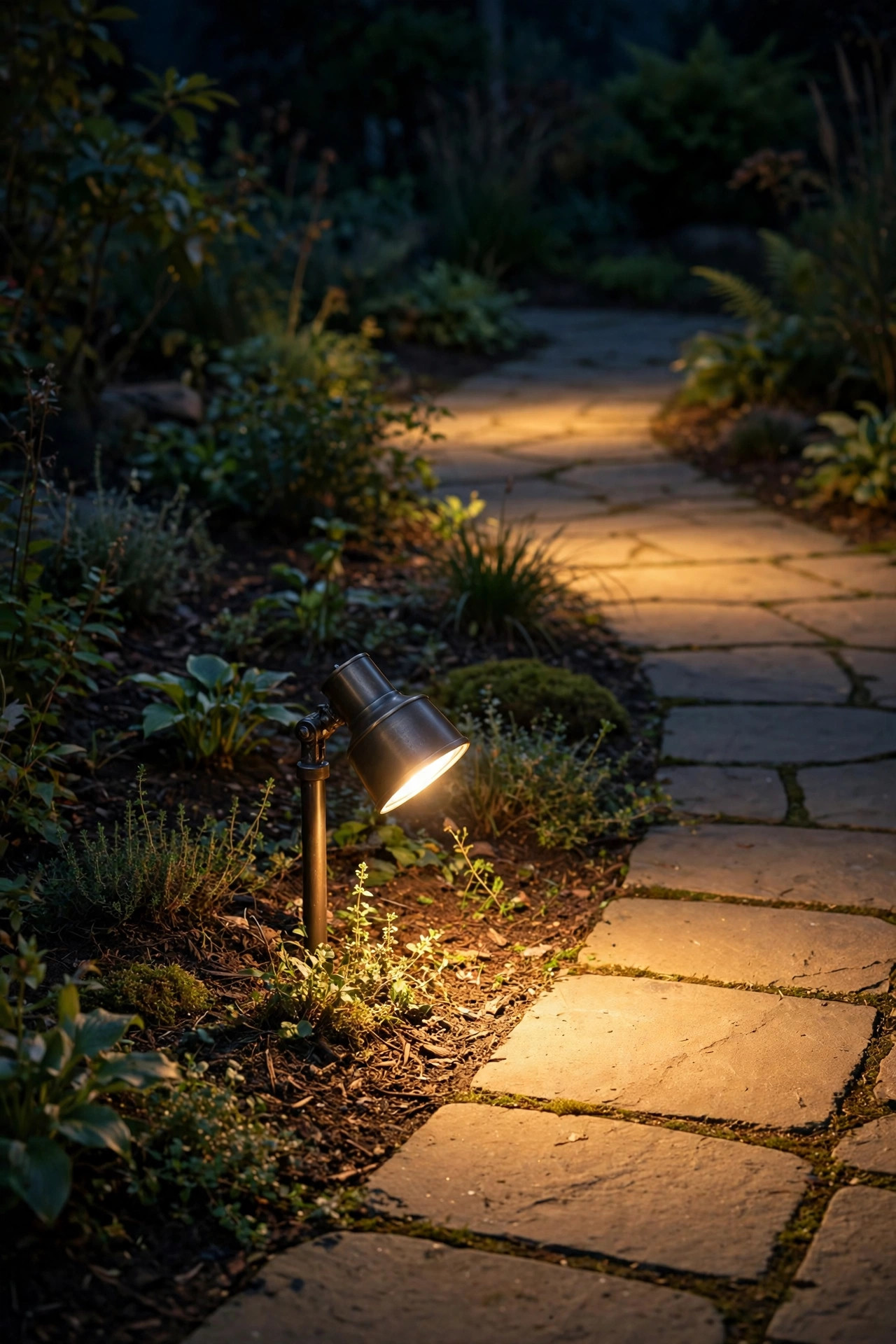 Path light being adjusted in a garden bed at night to reduce glare and even out light along a walkway