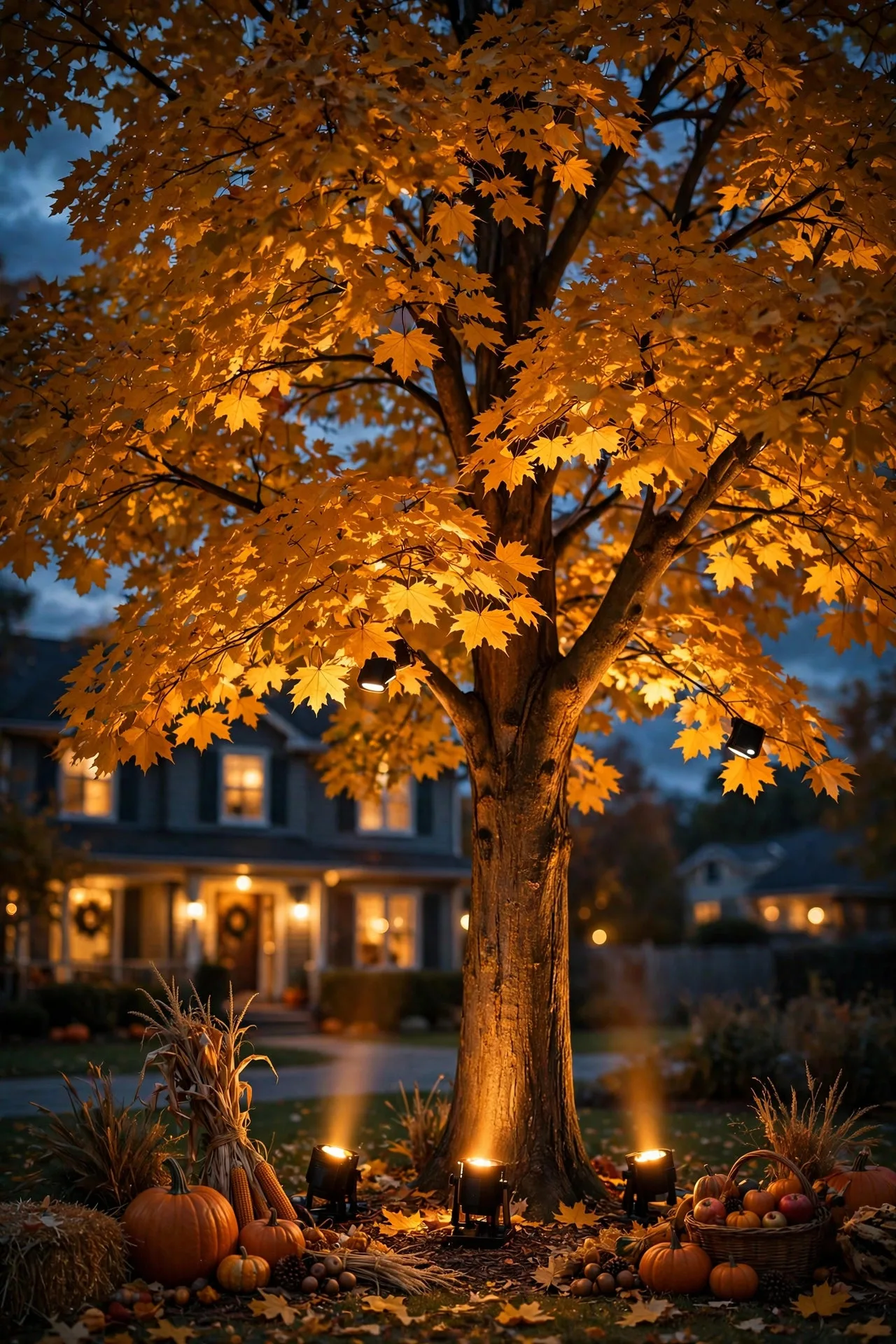 Amber spotlights highlighting golden fall foliage for thanksgiving outdoor lighting