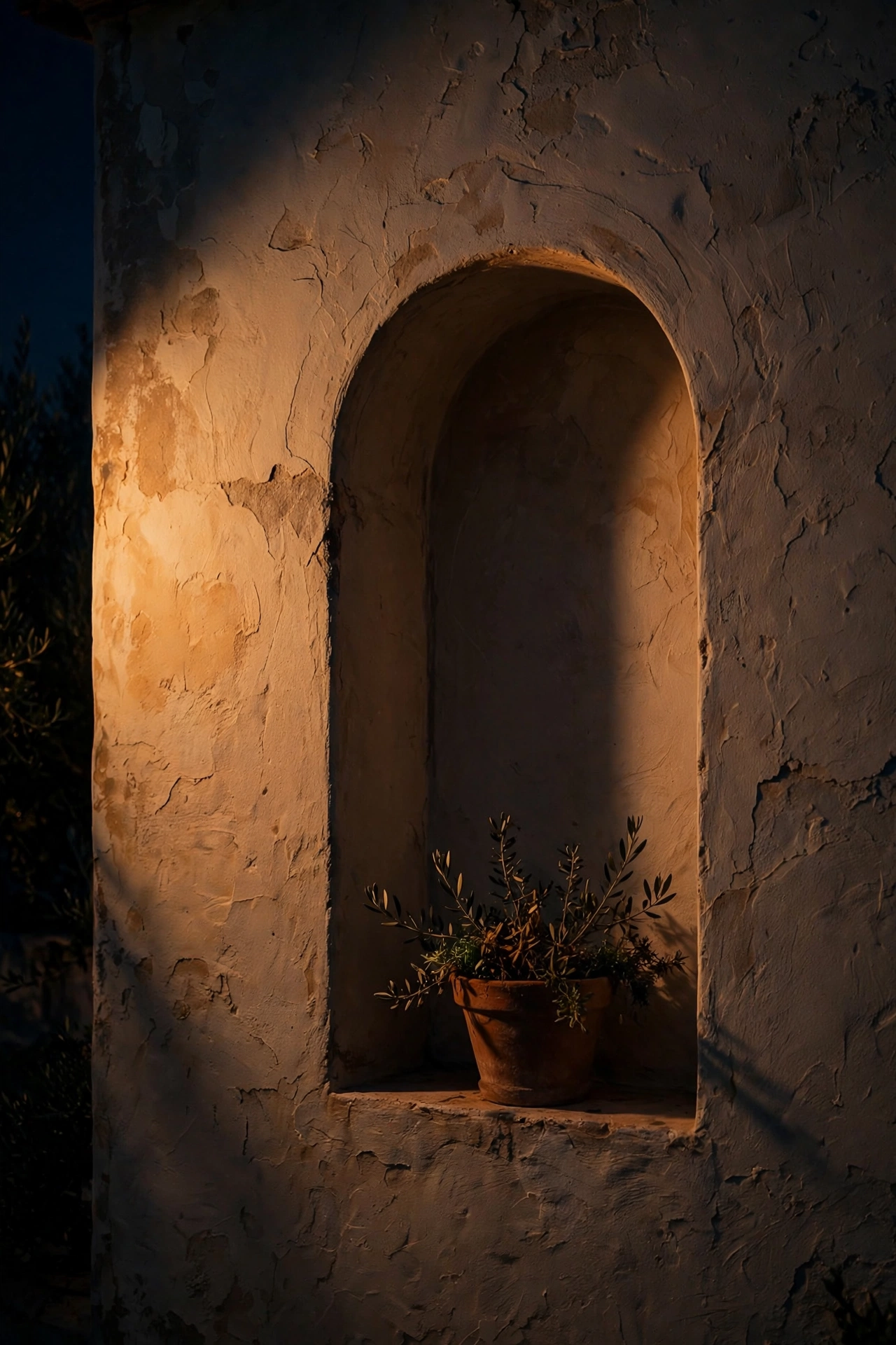 Warm grazing light highlighting an arched stucco niche on a Mediterranean villa wall