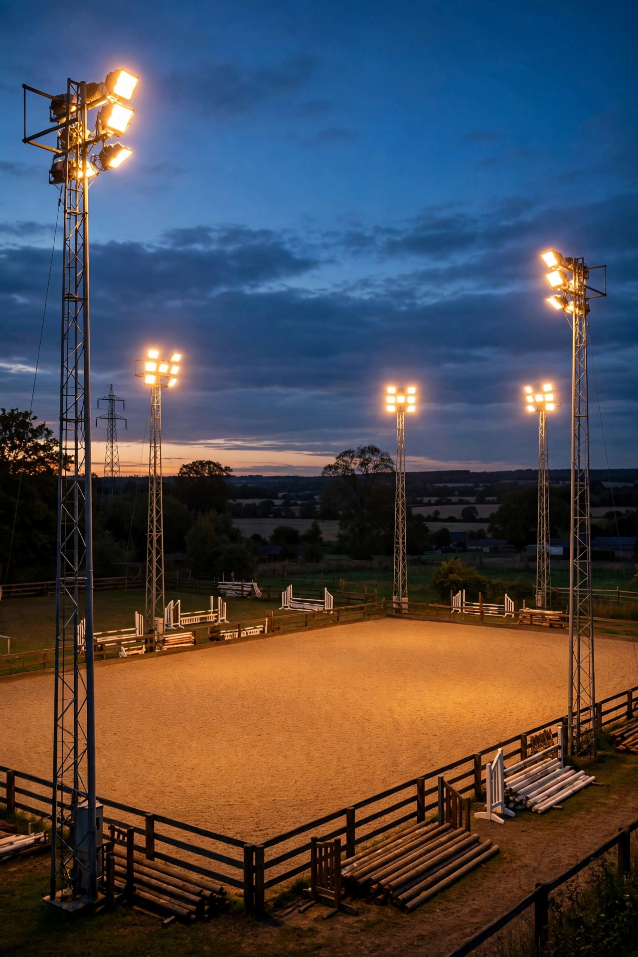 High-mast flood lights evenly illuminating an outdoor riding arena at dusk