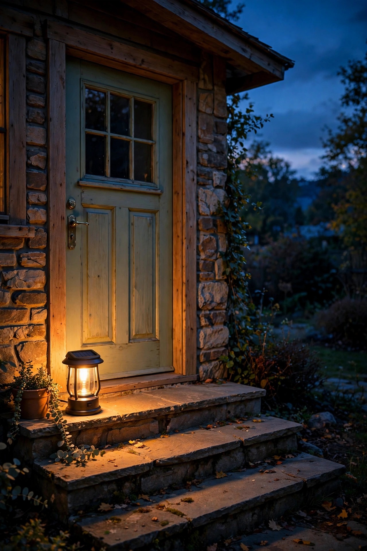 Compact solar lantern glowing beside a back door at dusk with warm light falling on the steps