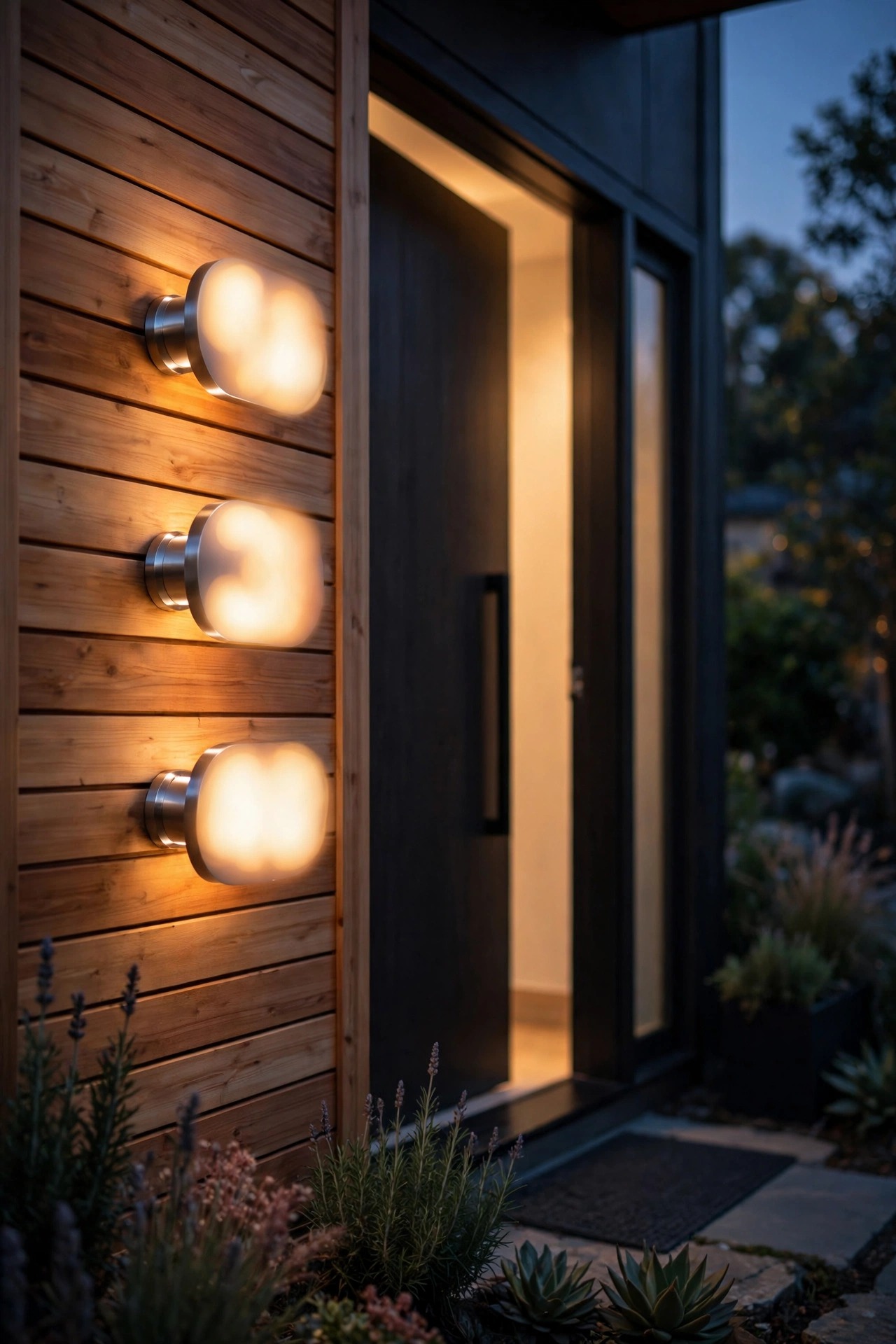 Modern backlit house numbers on standoffs beside a front door glowing with a soft warm halo at dusk