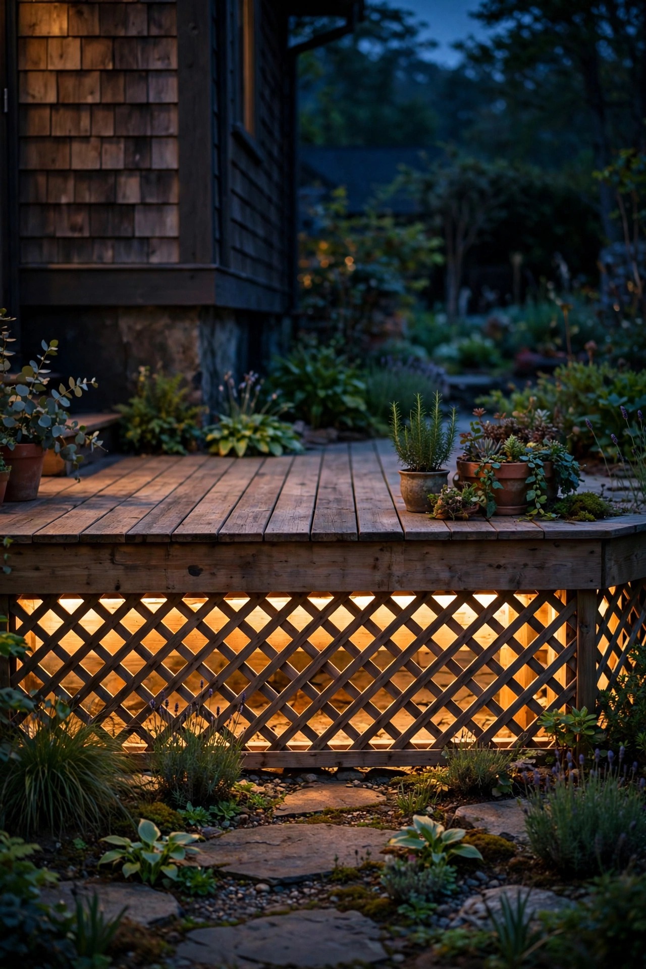 Lattice skirting on a ground level deck glowing from hidden lights behind it at night