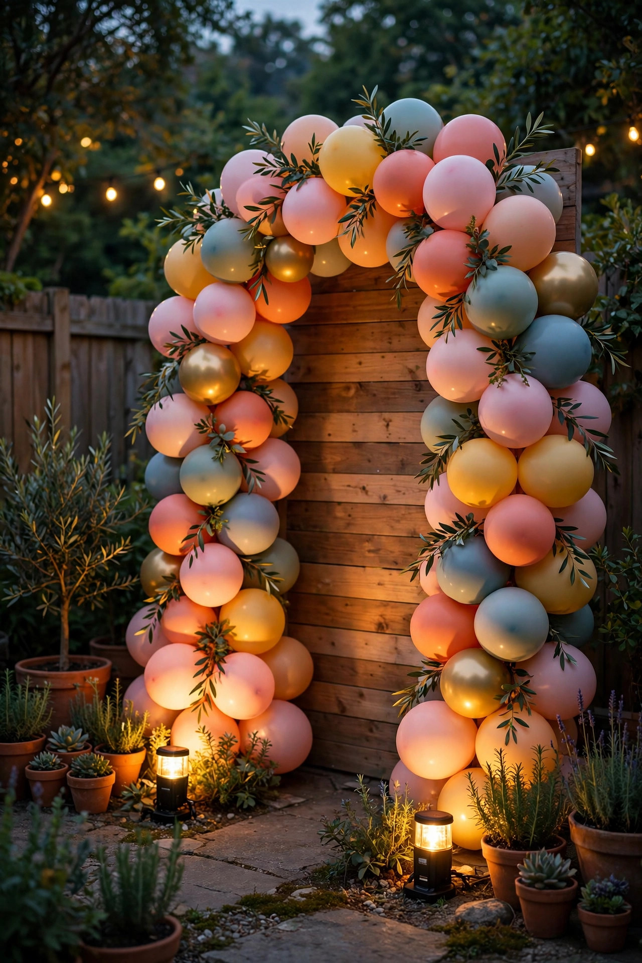 Balloon garland arch glowing from battery uplights at its base over an outdoor party photo backdrop