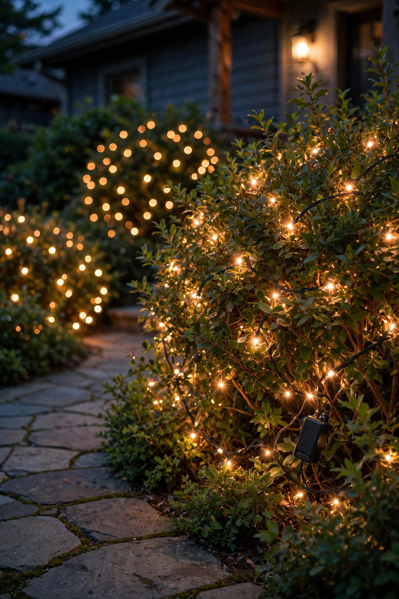 Warm battery fairy lights woven through shrubs bordering a walkway, sparkling at dusk