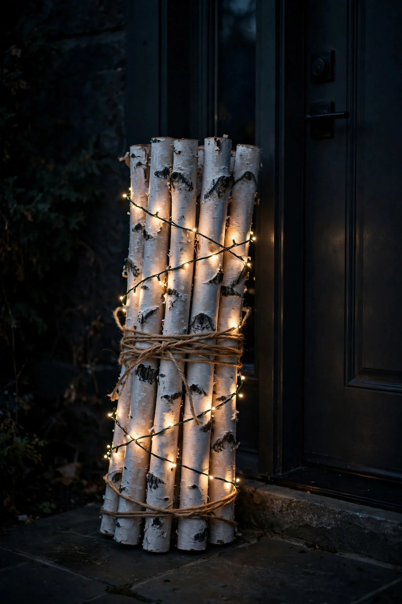 Bundle of white birch logs tied with jute and wrapped in warm fairy lights beside a front door