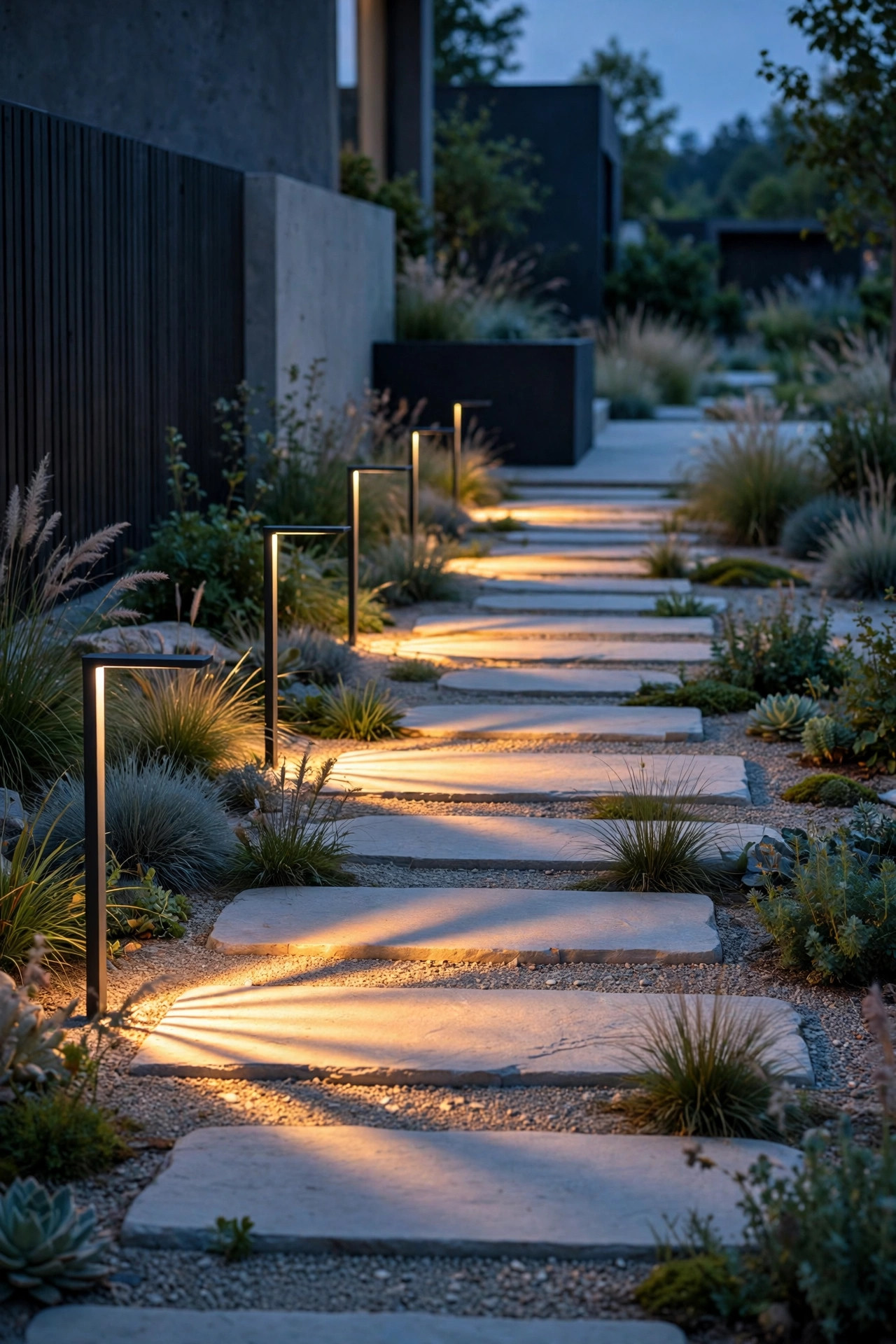Slim blade path lights raking warm light across stepping stones in a modern garden