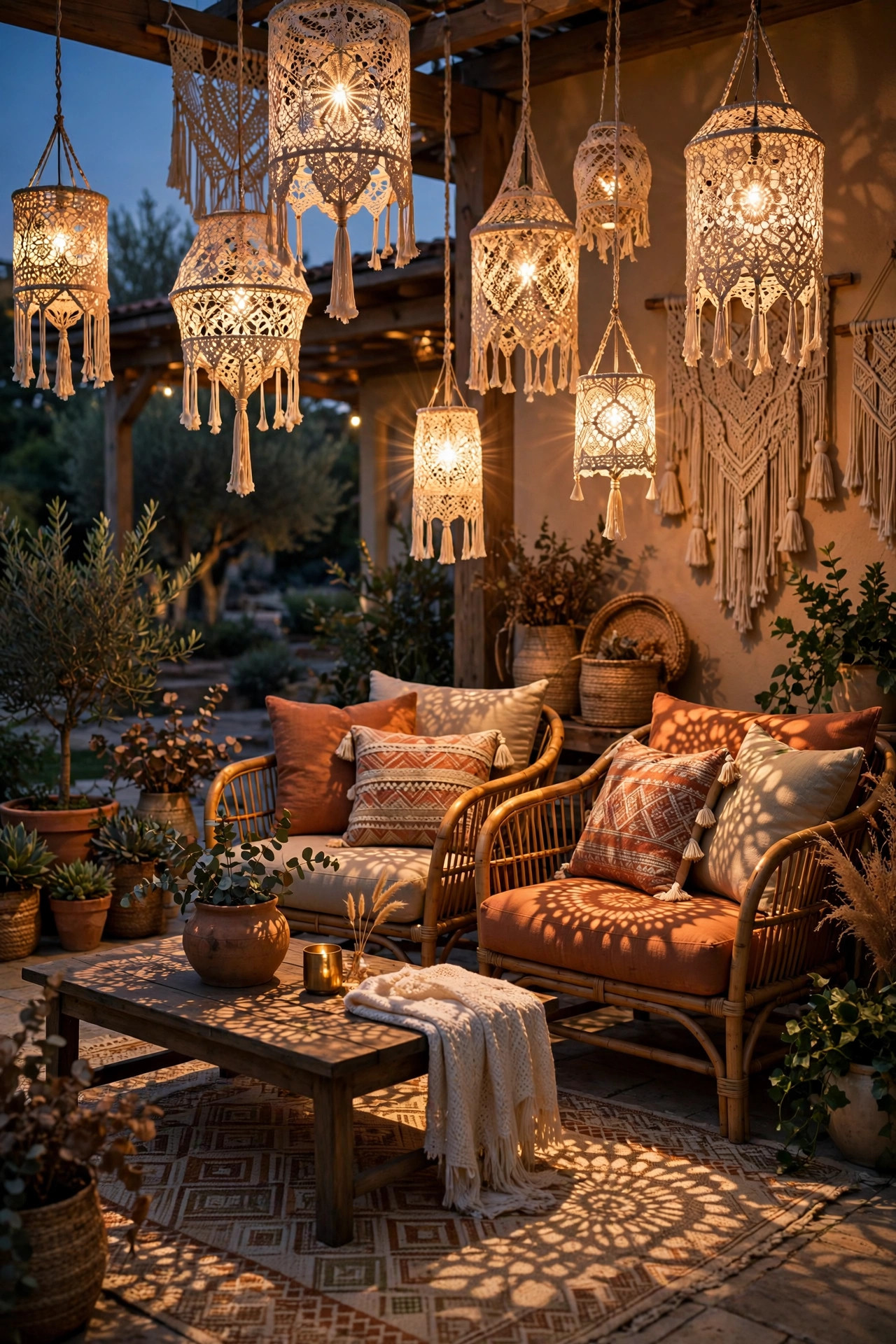 Lace and macramé lanterns casting patterned light over a boho patio lounge area