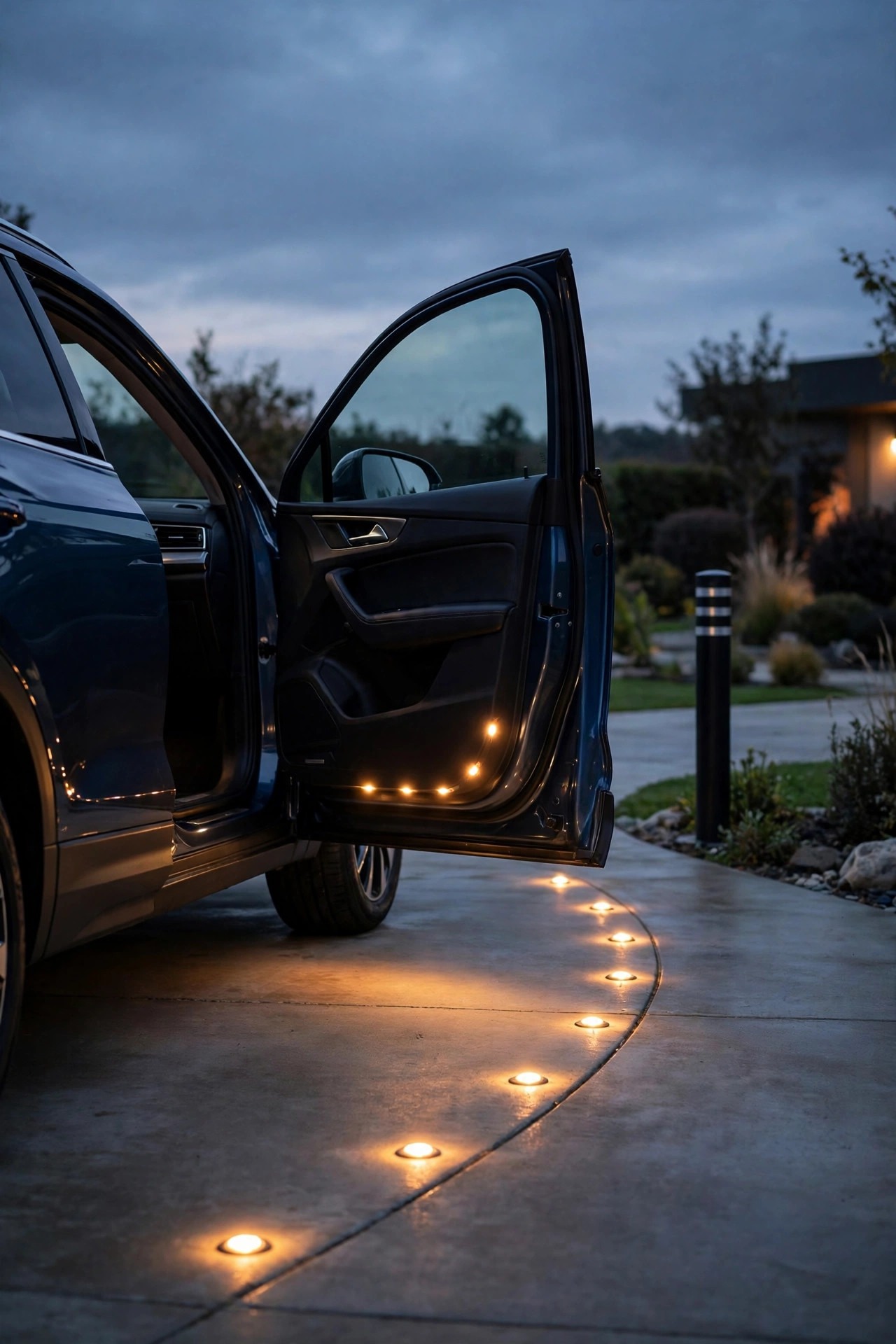 Driveway at dusk with a parked car door swung fully open, low flush ground markers glowing safely inside the door arc and a tall bollard standing clear beyond it