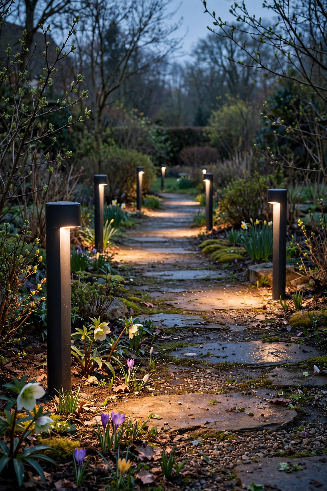 Short modern bollard lights casting warm downward pools along a garden path in early spring