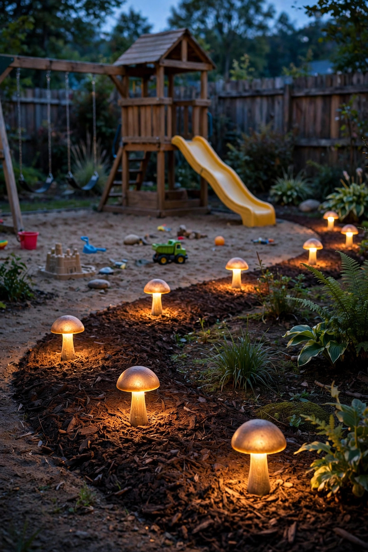 Low mushroom path lights marking the mulch border of a backyard play zone at twilight