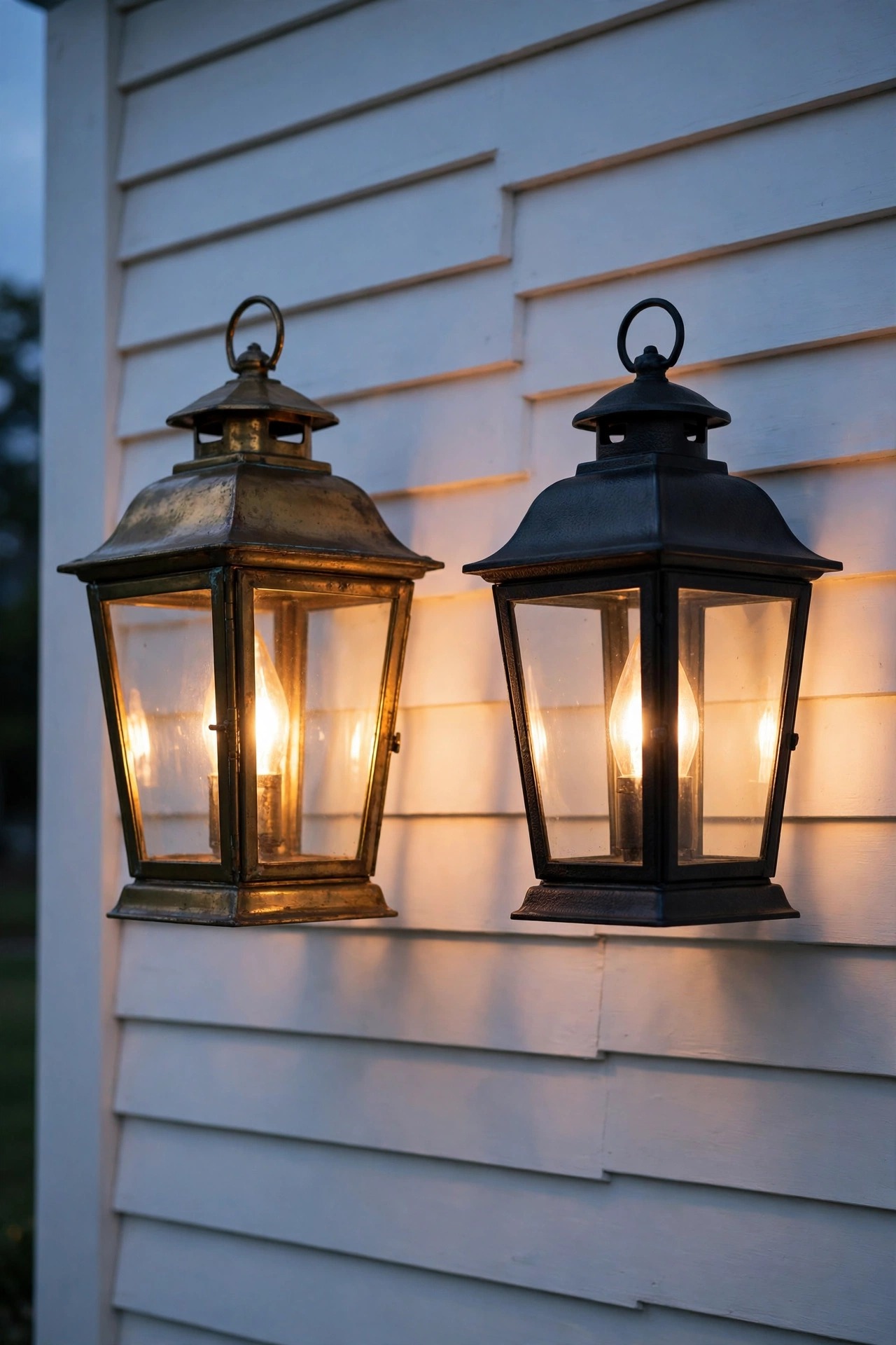 Antique brass and matte black colonial lantern fixtures side by side against white clapboard siding
