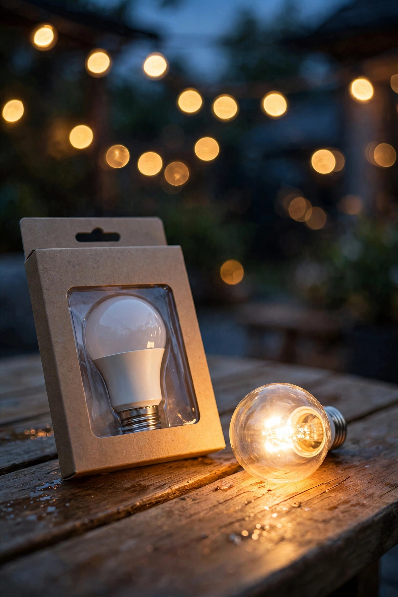 Close-up of outdoor LED bulb packaging showing Kelvin rating and outdoor light color temperature on the Lighting Facts label