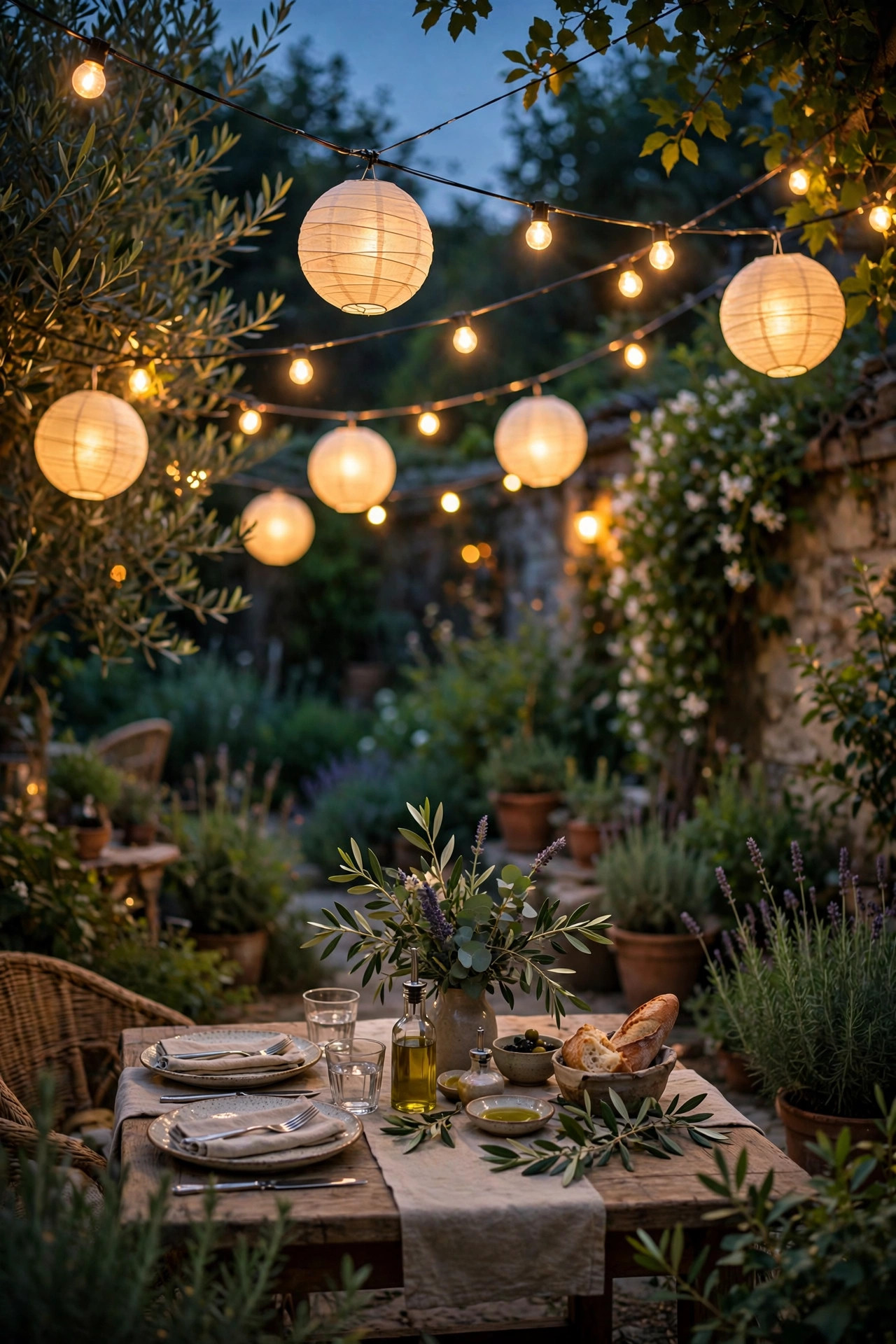 Cafe string lights and white paper lanterns strung over an outdoor dining table in a summer garden at dusk