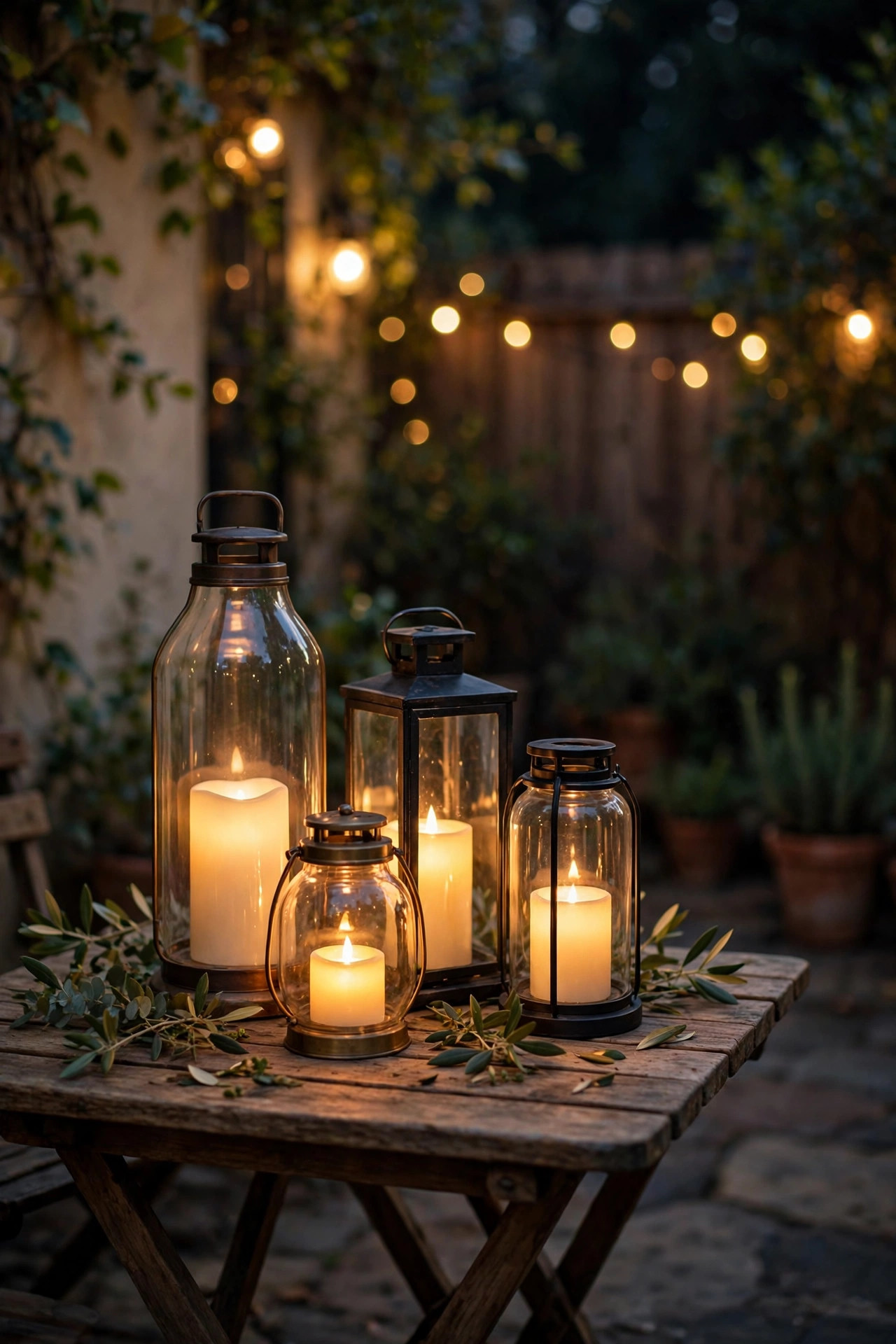 Cluster of flameless candle lanterns glowing on a courtyard table at night