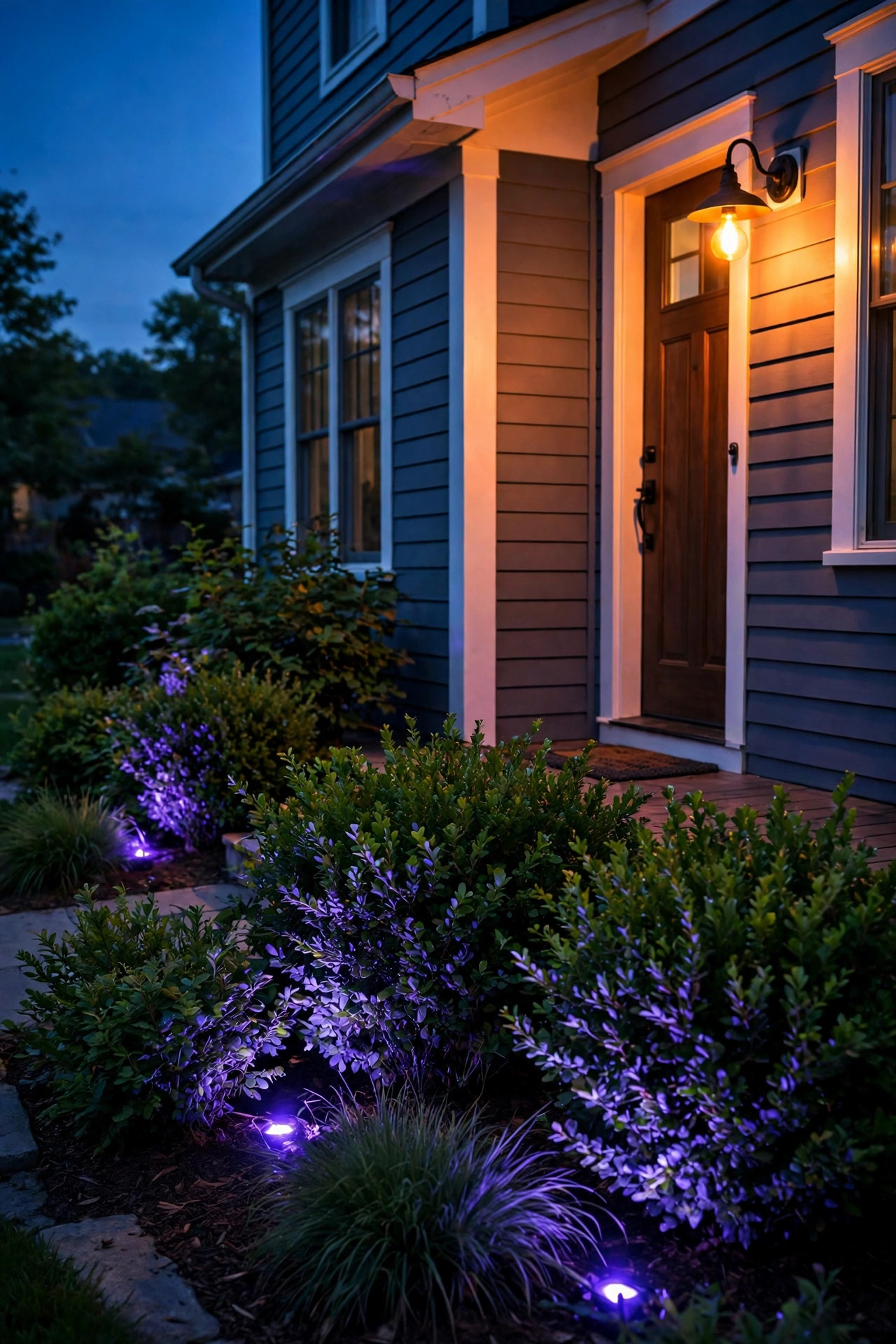 Front yard shrubs washed in soft purple light with a warm orange porch bulb glowing at dusk