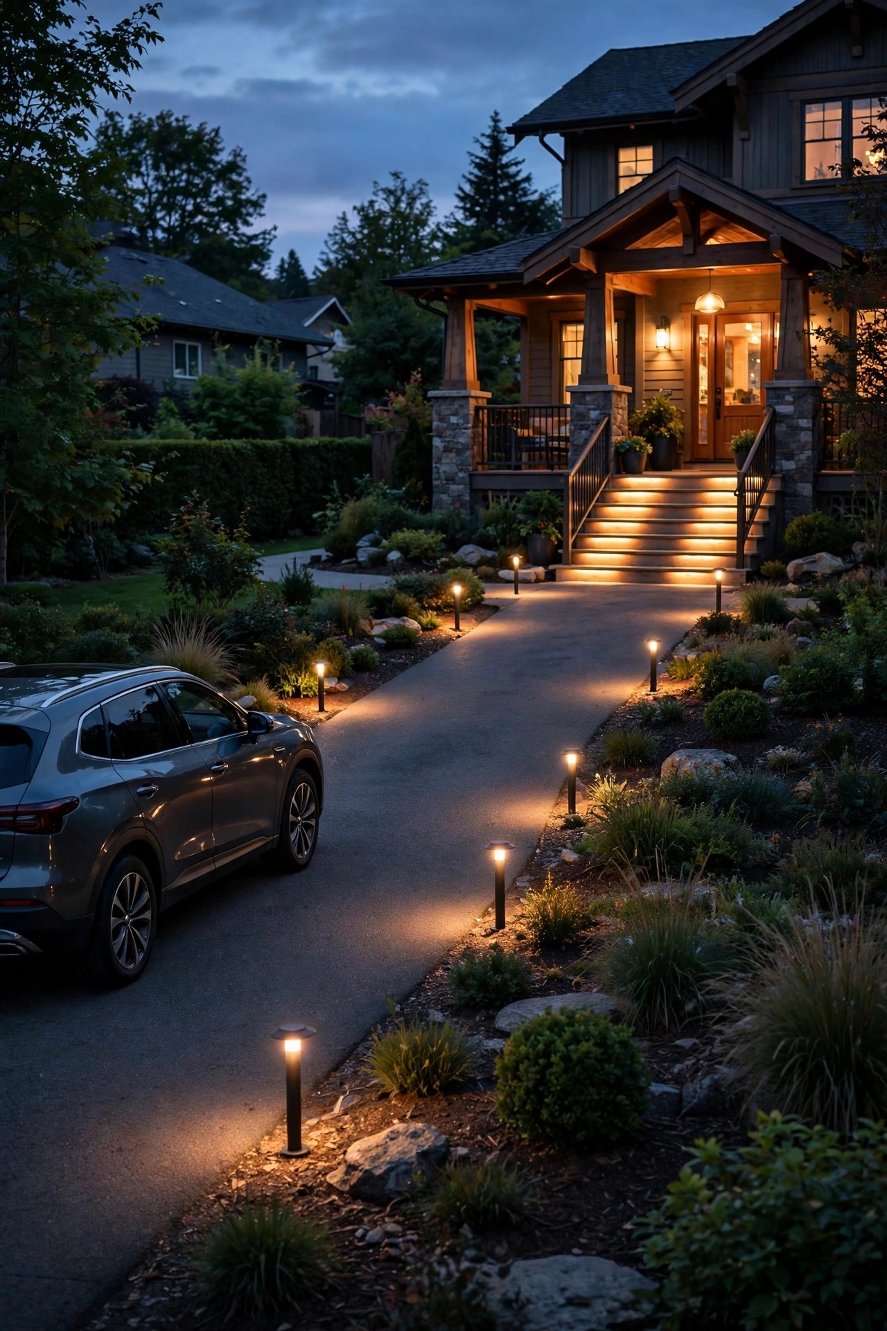 Driveway at dusk with a clear lit route from the parked car along low marker lights to glowing front steps and porch