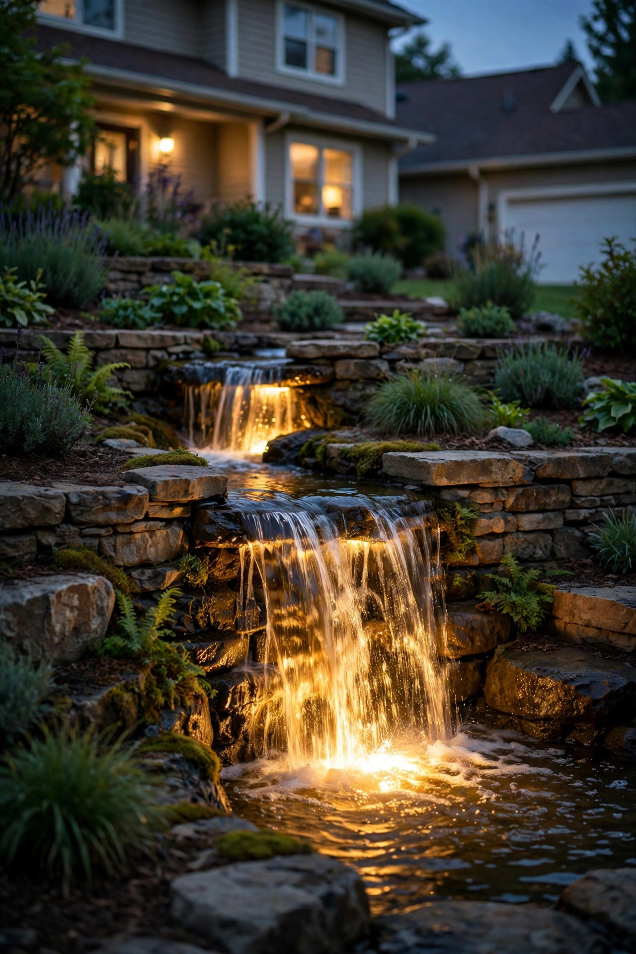 Small cascade between terraced levels glowing from a submersible LED light under the falling water
