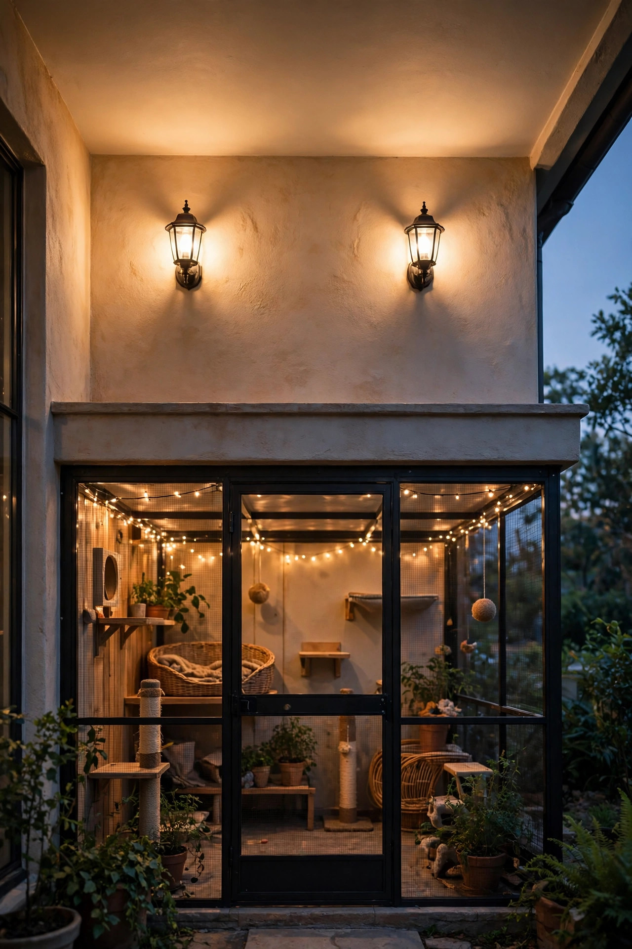 Wall sconces on a balcony washing the ceiling with warm light above a softly lit catio