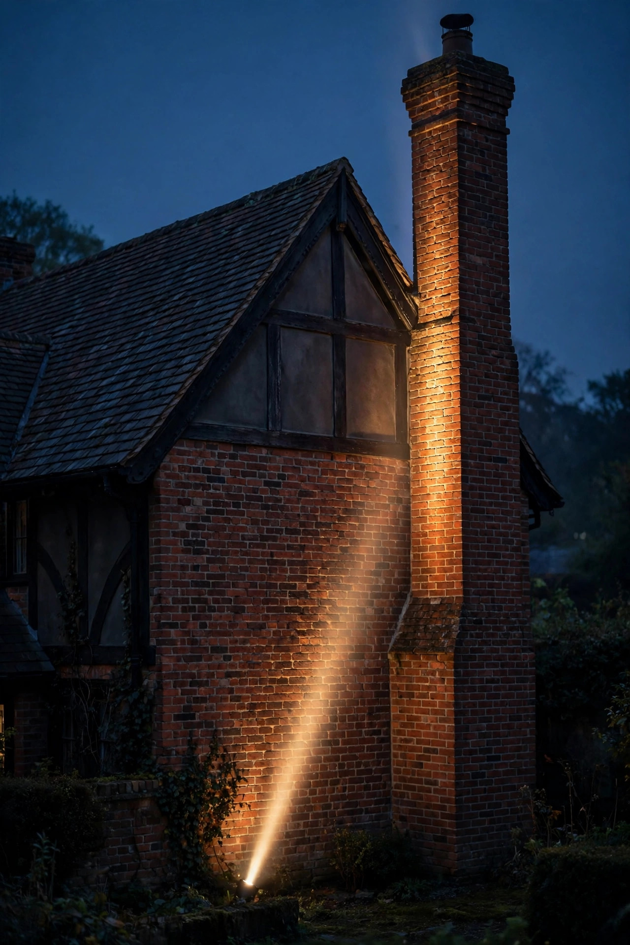 Narrow beam spotlight grazing warm light up a tall brick chimney and gable end of a house at night