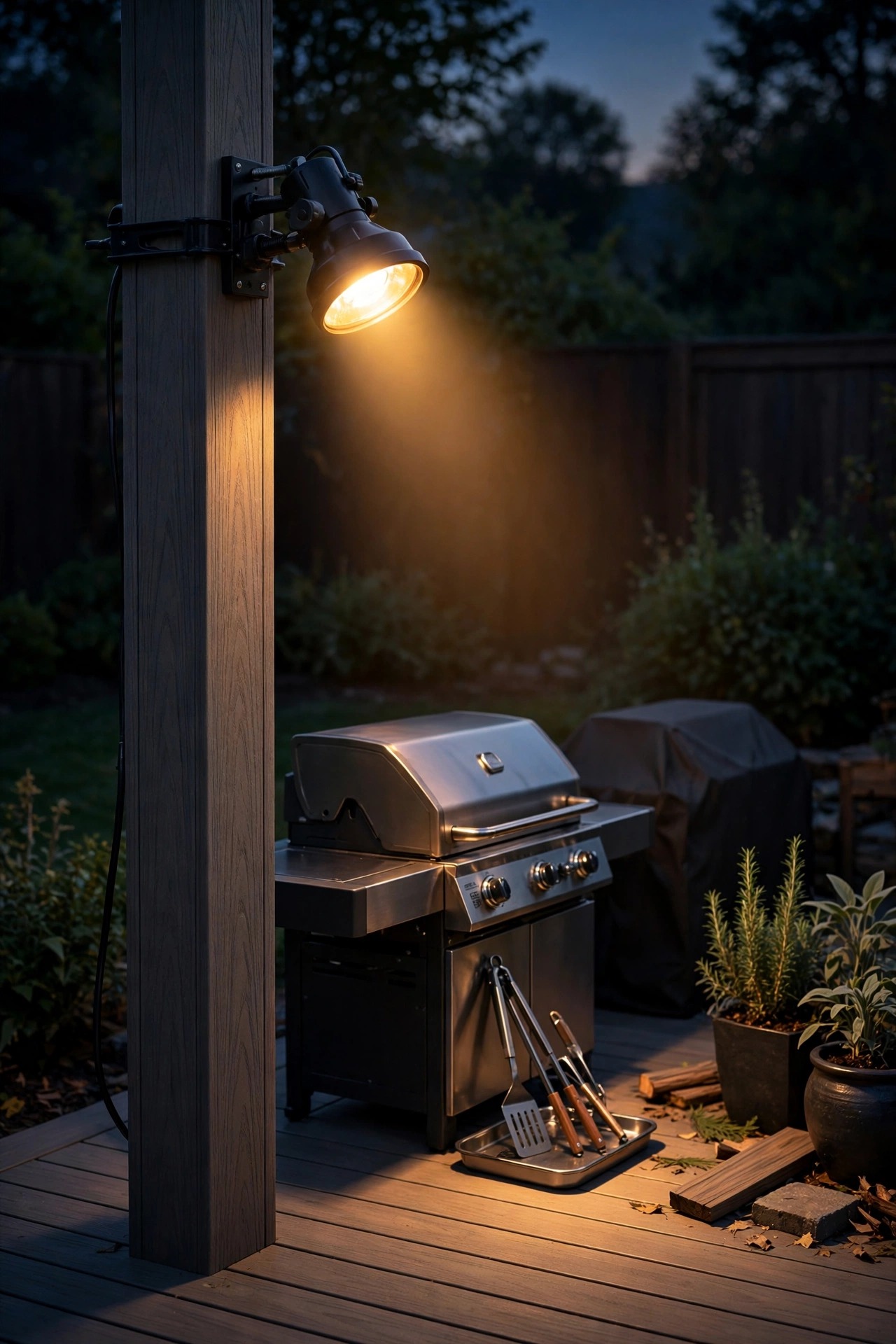 Clamp-on spotlight attached to a composite deck post lighting a grill area at night