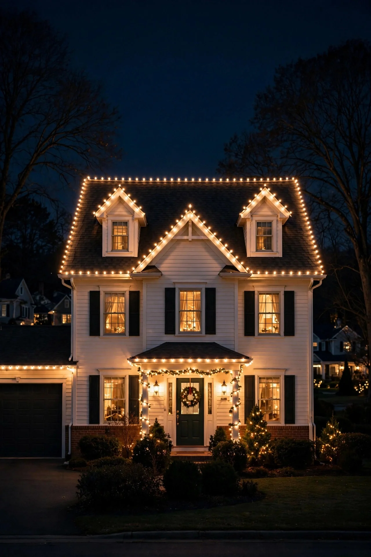 House with classic warm white C9 Christmas lights tracing every roof peak and gable at night