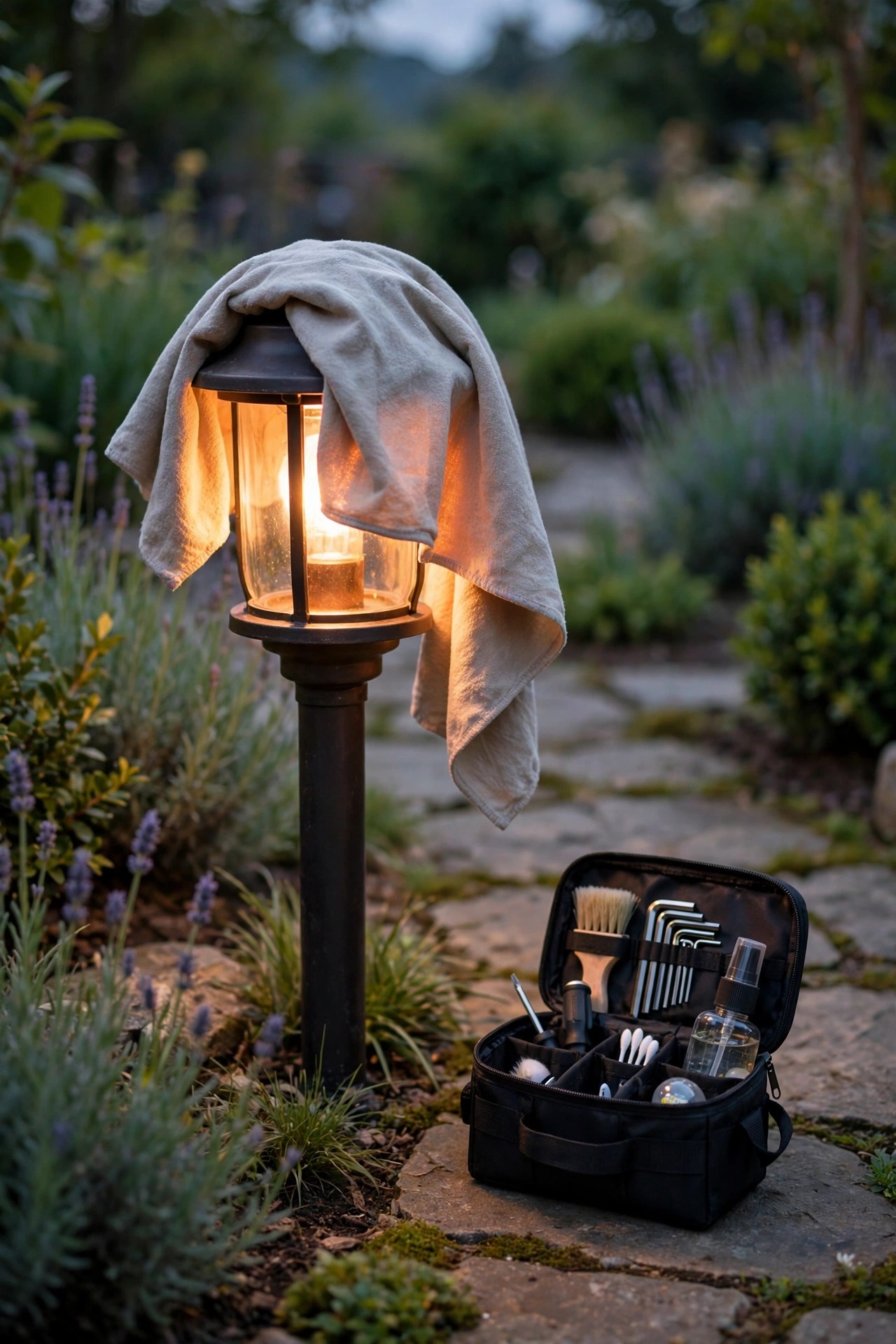 Garden path light lens being wiped clean with a soft cloth beside a small maintenance kit in soft evening light